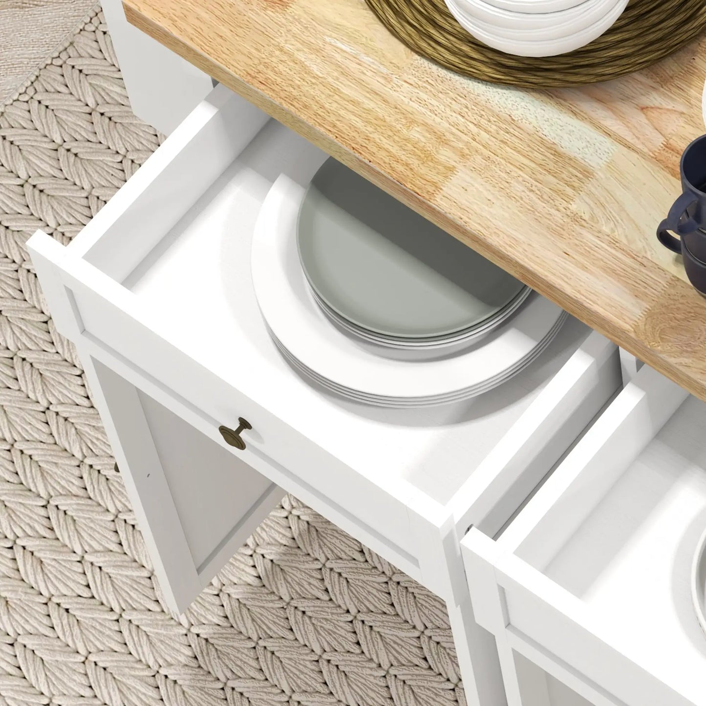 White Kitchen Island Trolley with Rubberwood Top, Drawers & Storage Cabinets