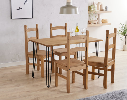 Augusta Pine Small Rectangular Dining Table With Black Metal Legs & 4 Solid Pine Chairs Set