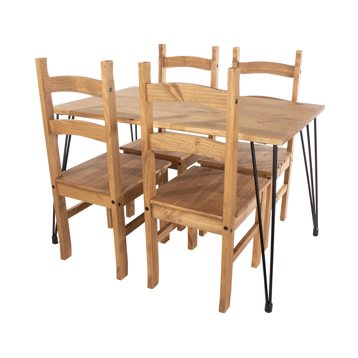 Augusta Pine Small Rectangular Dining Table With Black Metal Legs & 4 Solid Pine Chairs Set