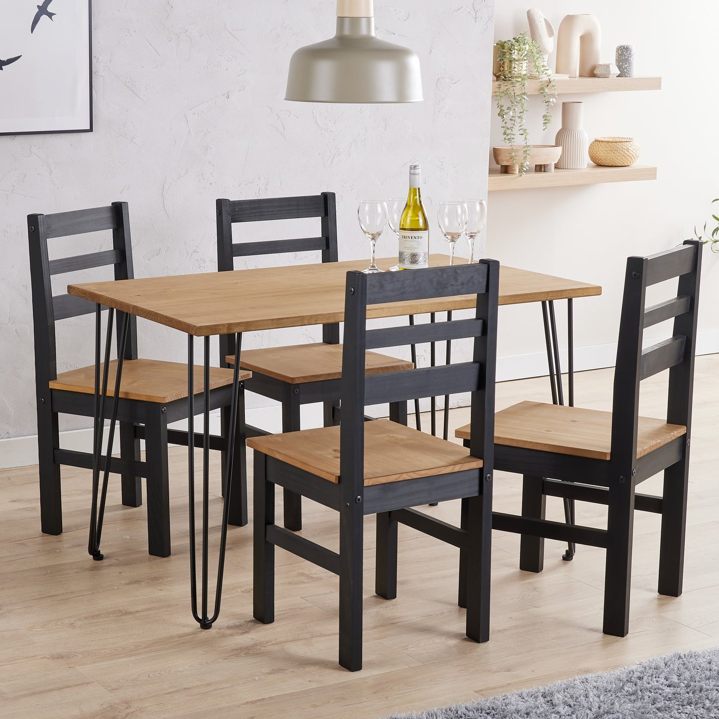 Augusta Pine Small Rectangular Dining Table With Black Metal Legs & 4 Linea Ladder Back Chairs Set