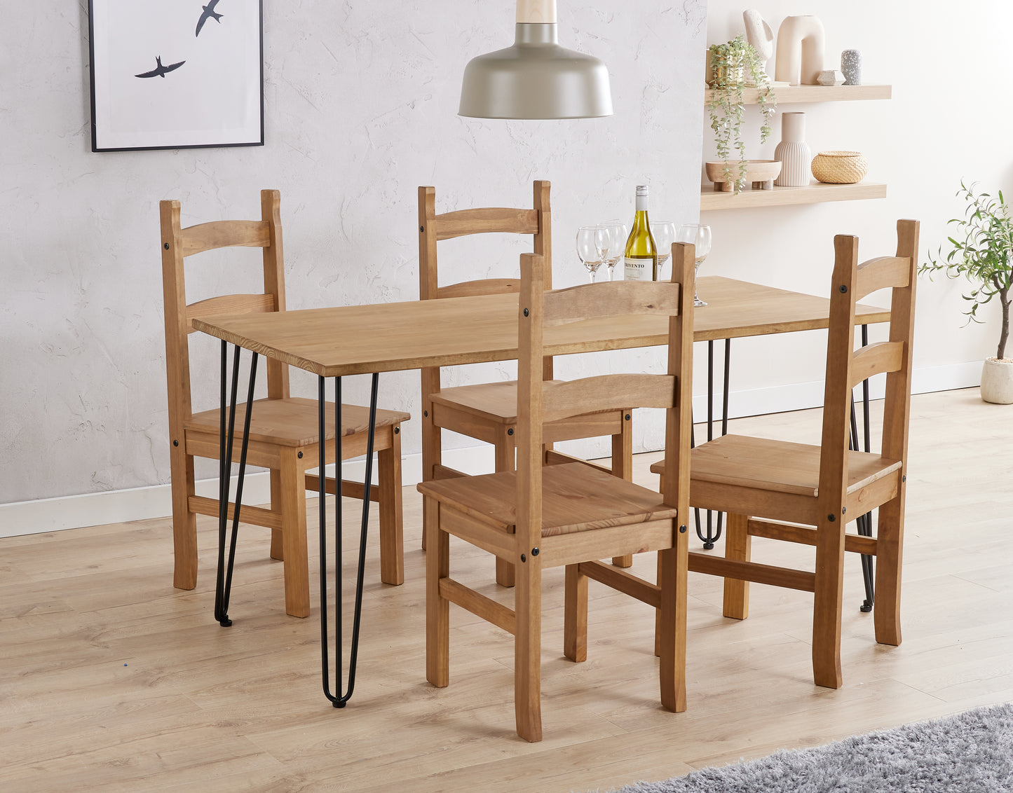 Augusta Pine Large Rectangular Dining Table With Black Metal Legs & 4 Solid Pine Chairs Set