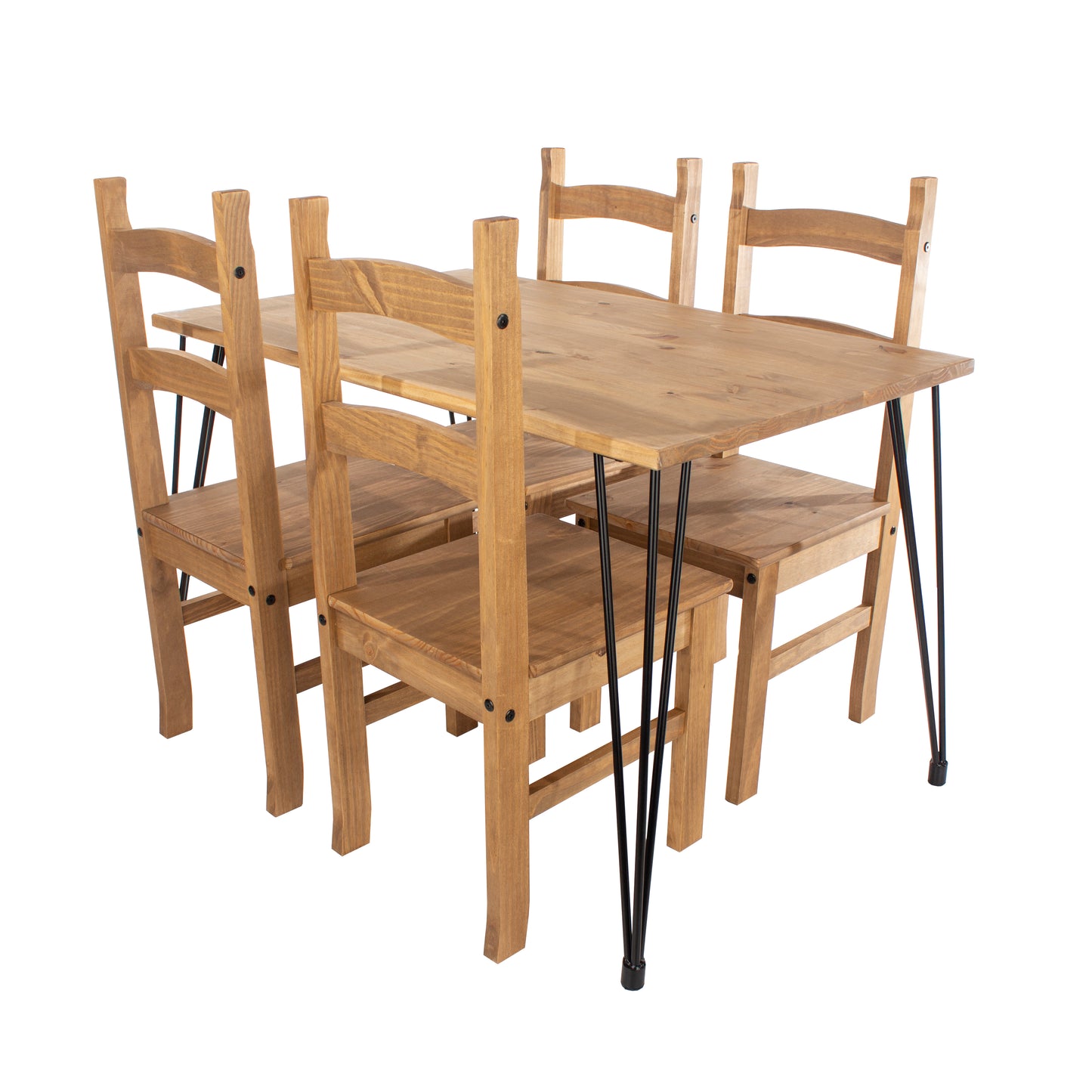 Augusta Pine Large Rectangular Dining Table With Black Metal Legs & 4 Solid Pine Chairs Set