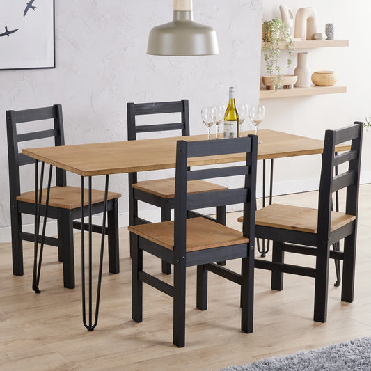 Augusta Pine Large Rectangular Dining Table With Black Metal Legs & 4 Linea Ladder Back Chairs Set