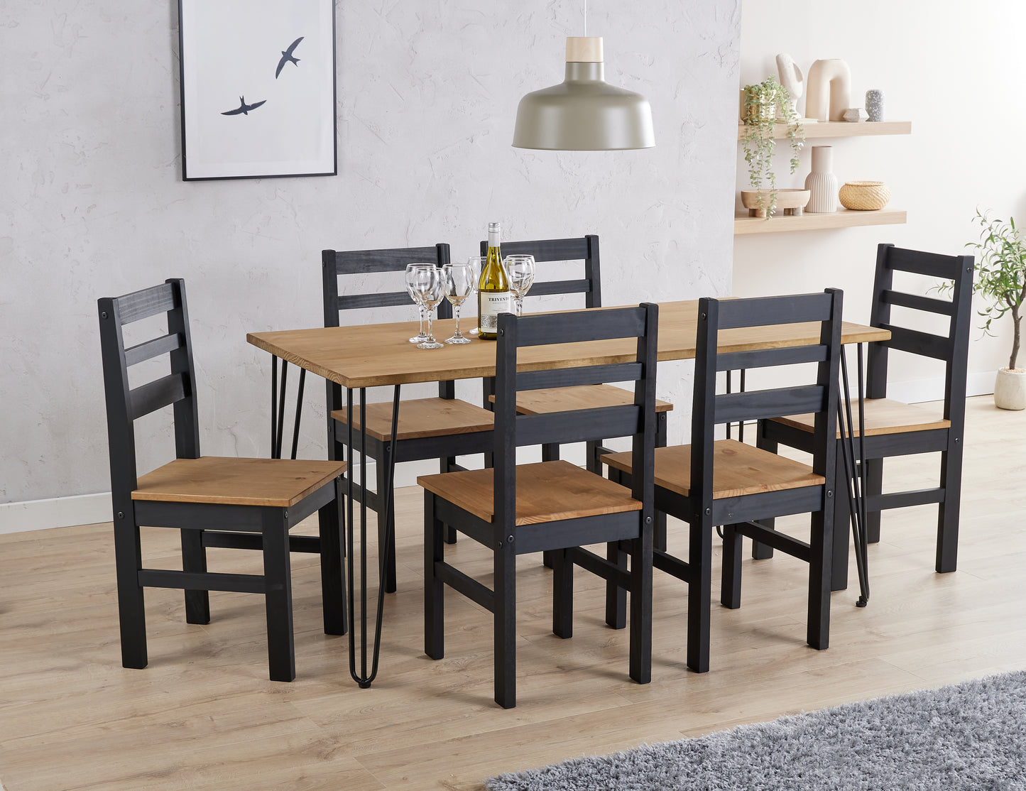 Augusta Pine Large Rectangular Dining Table With Black Metal Legs & 6 Linea Ladder Back Chairs Set