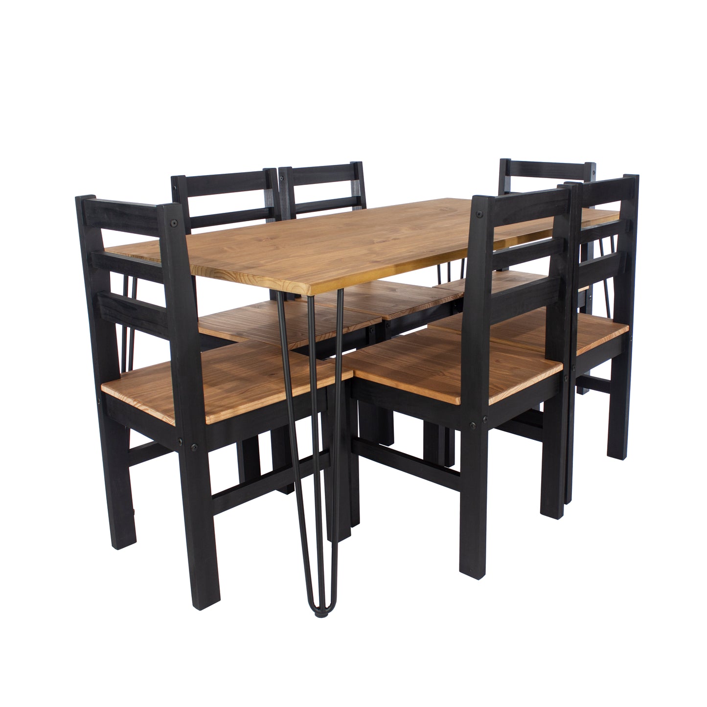 Augusta Pine Large Rectangular Dining Table With Black Metal Legs & 6 Linea Ladder Back Chairs Set