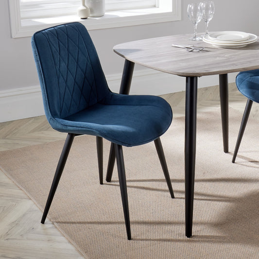 Aspen Pair of Diamond Stitch Blue Cord Fabric Dining Chairs With Black Tapered Legs