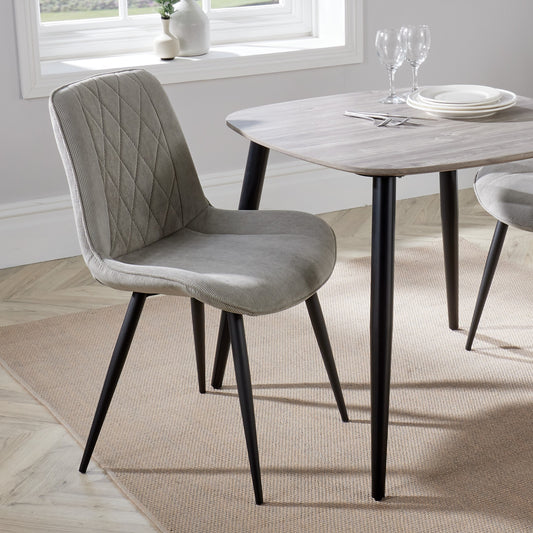 Aspen Pair of Diamond Stitch Light Grey Cord Fabric Dining Chairs With Black Tapered Legs