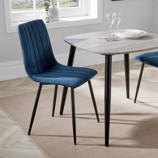 Aspen Pair of Straight Stitch Blue Cord Fabric Dining Chair With Black Tapered Legs