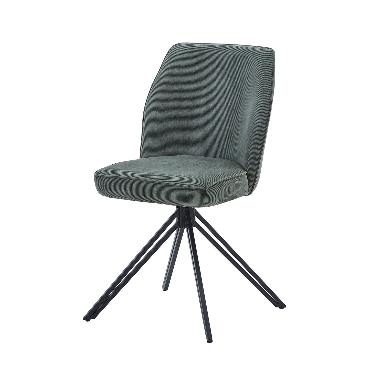 Aspen Pair of Swivel Dining Chairs Green Cord Fabric 360° Armchairs Black Metal Legs