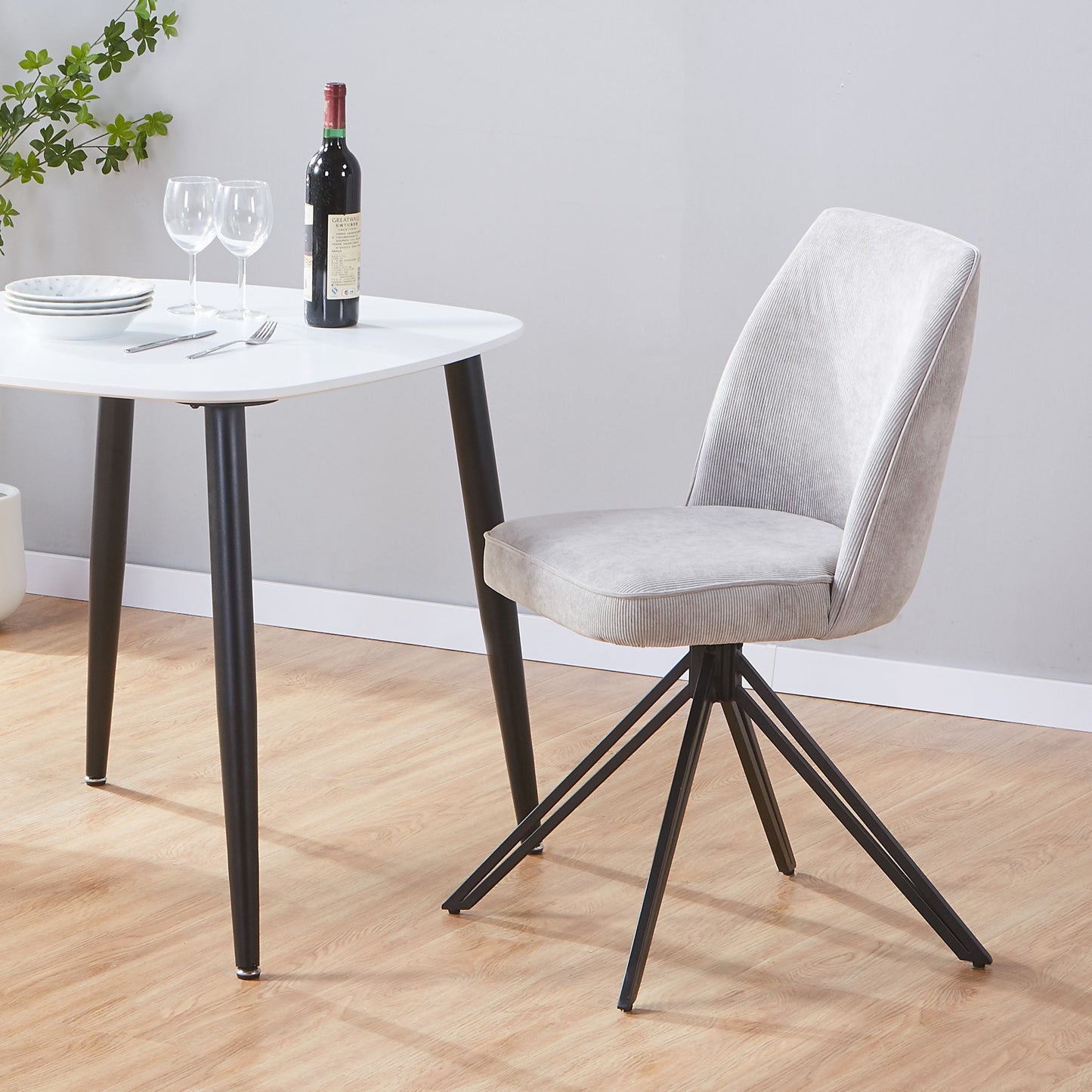 Aspen Pair of Swivel Dining Chairs Light Grey Cord Fabric 360° Armchairs Black Metal Legs