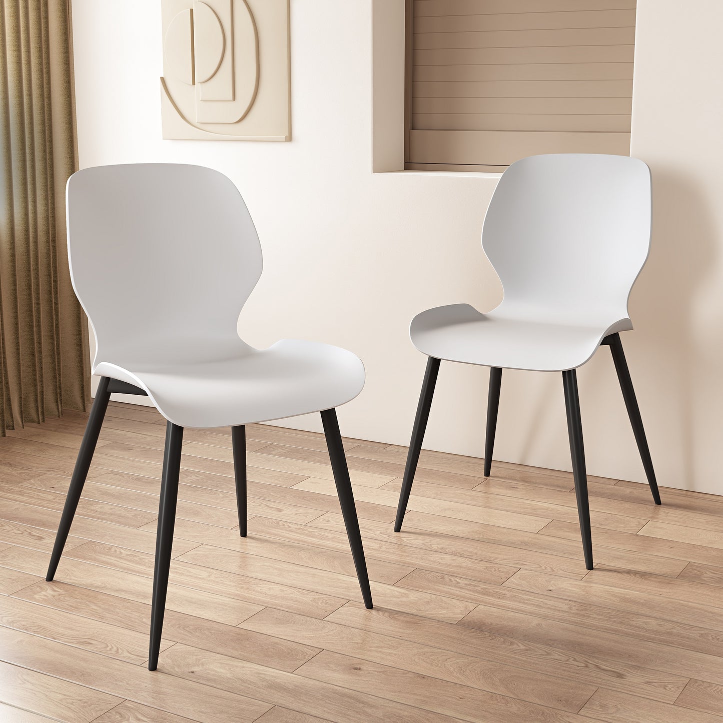 Aspen Pair of Mid-Century White Kitchen Chairs Plastic Dining Chairs Black Legs