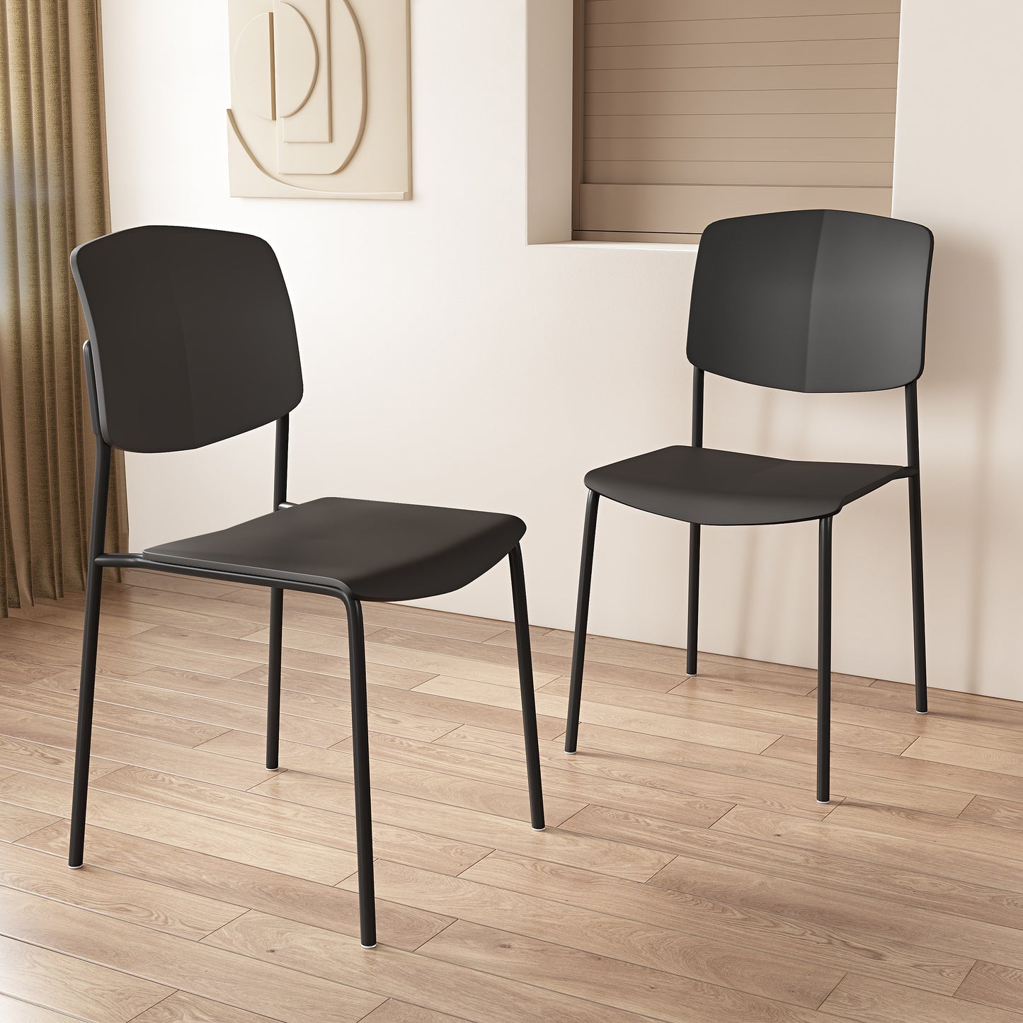 Aspen Pair of Stackable Black Kitchen Chairs Retro Plastic Dining Chairs Steel Legs