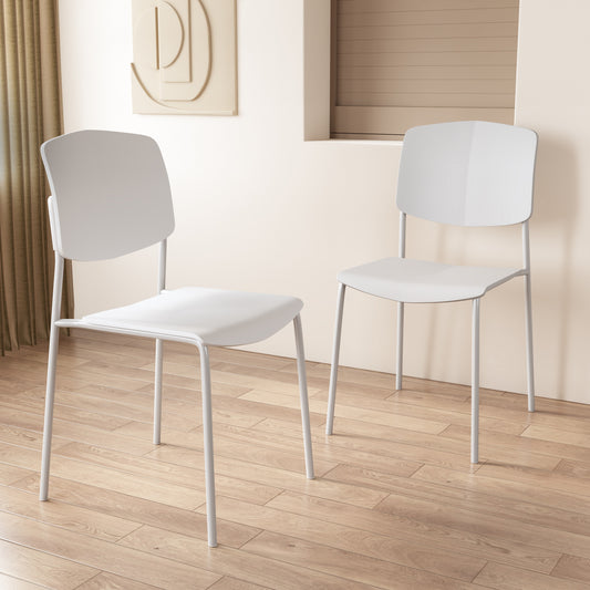 Aspen Pair of Stackable White Kitchen Chairs Retro Plastic Dining Chairs Steel Legs