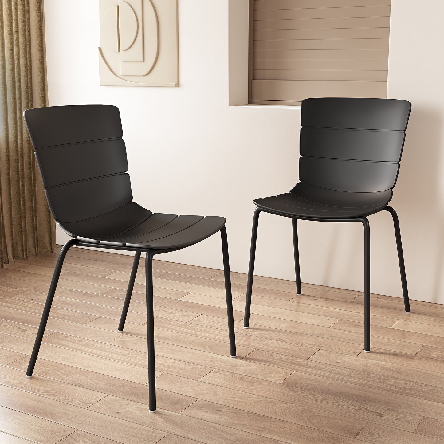 Aspen Pair of Modern Ribbed Black Dining Chairs Plastic Kitchen Chairs Steel Legs