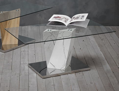 Alpha Glass Top Coffee Tables With Oak or White Marble Effect Stand