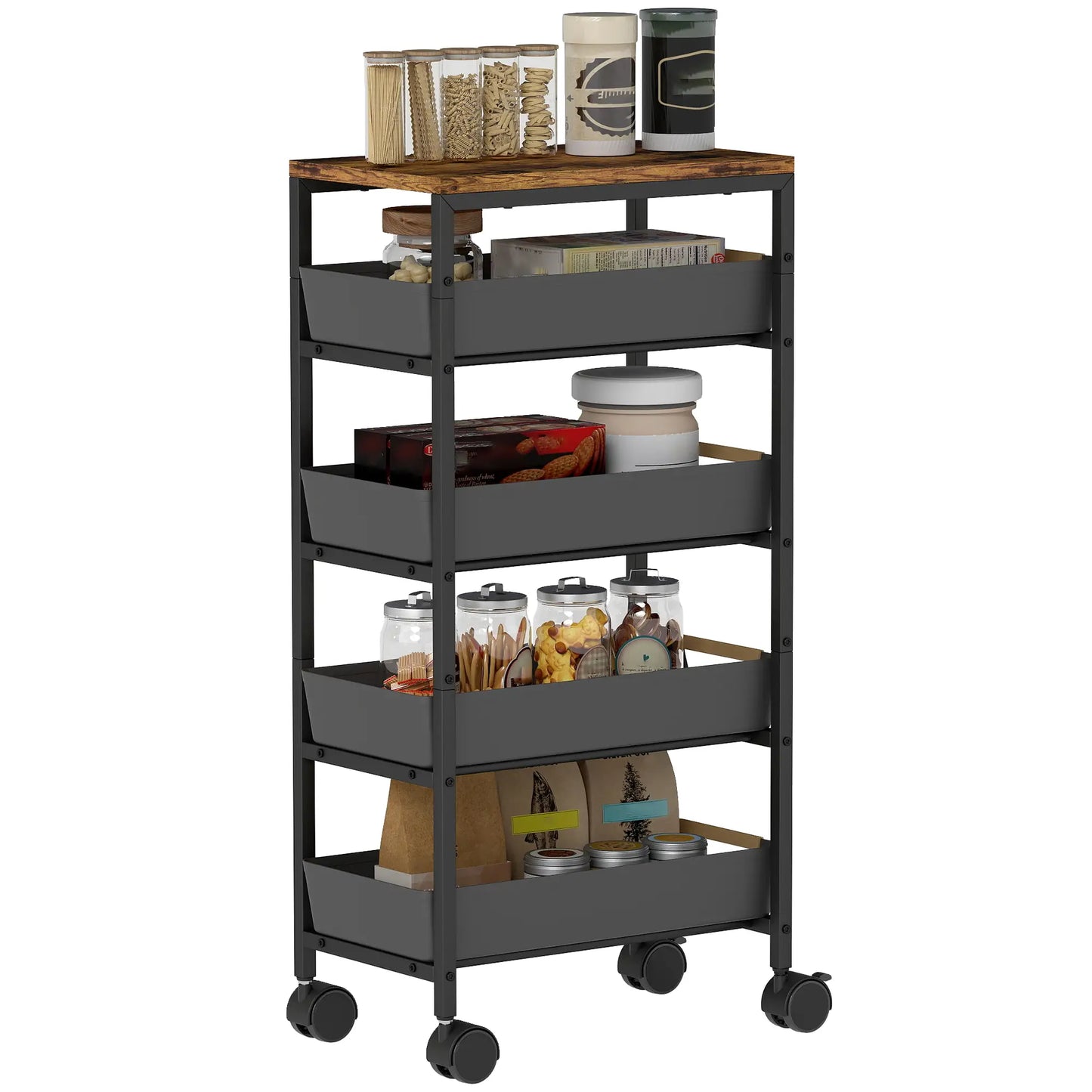 Slim 5 Tier Storage Trolley on Wheels – Narrow Space Saving Cart (Black)
