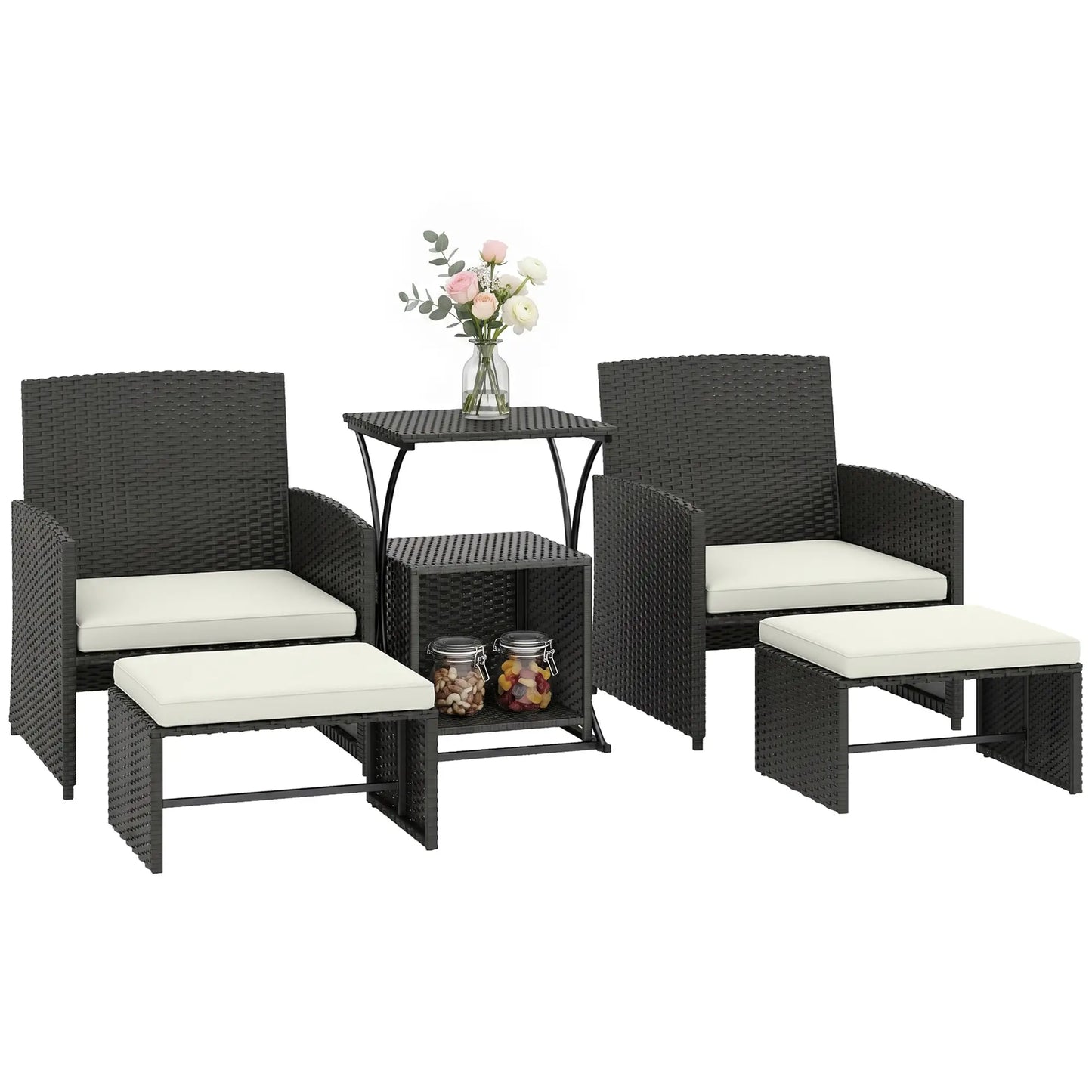 6 Piece Black Rattan Garden Furniture Set – Space Saving Patio Bistro Set