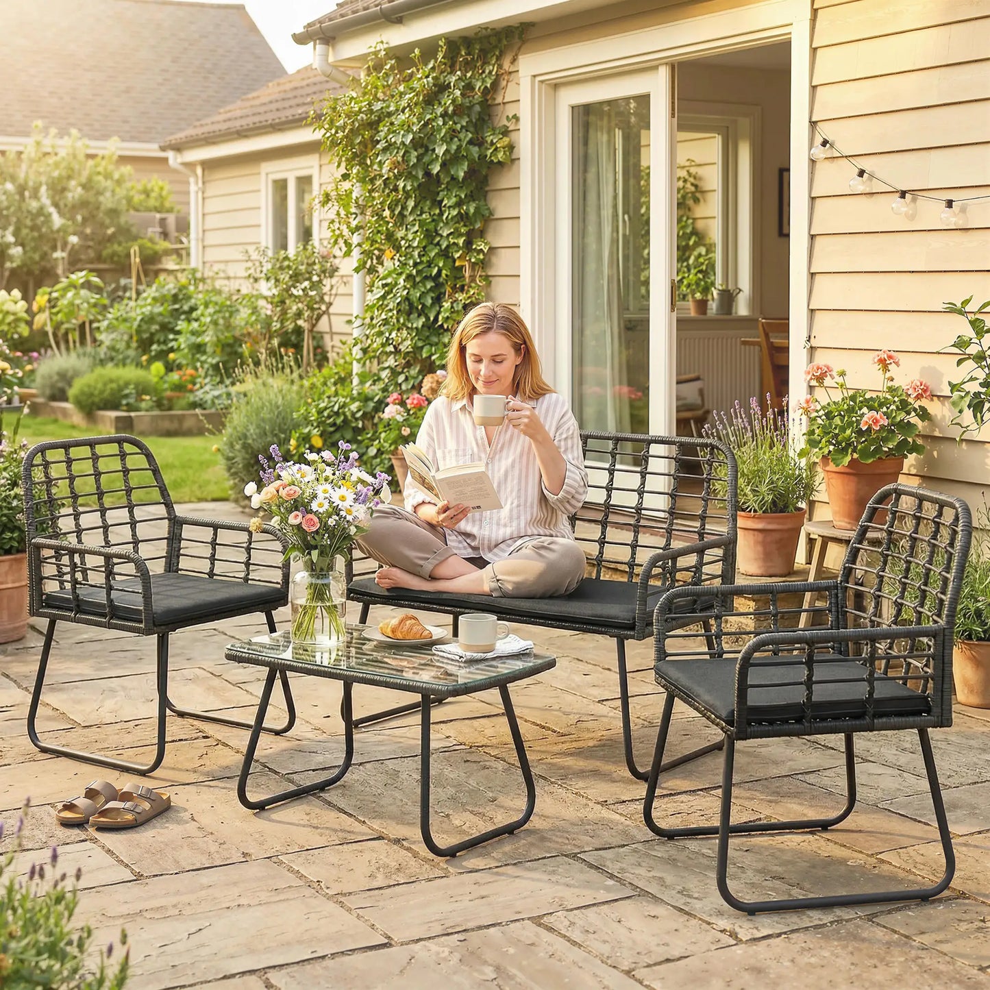4 Piece Rattan Garden Furniture Set - Outdoor Patio Sofa Set with Loveseat, 2 Chairs & Glass Coffee Table - Black