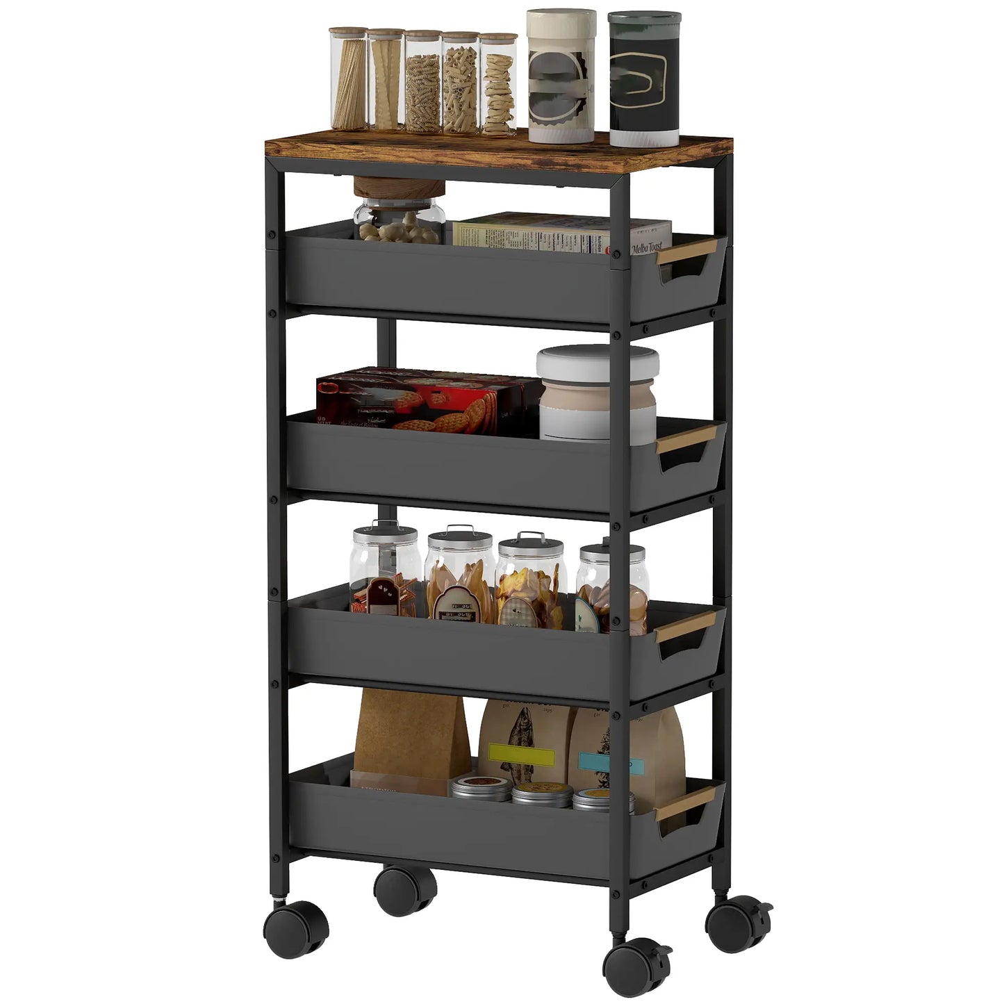 Slim 5 Tier Storage Trolley on Wheels – Narrow Space Saving Cart (Black)