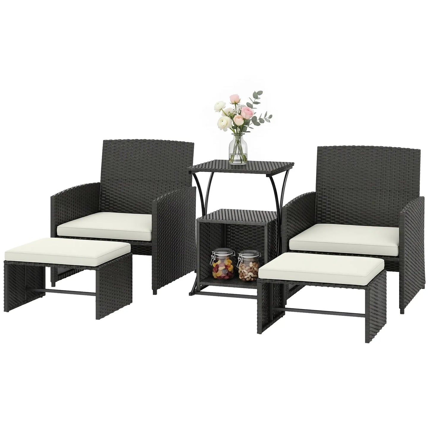 6 Piece Black Rattan Garden Furniture Set – Space Saving Patio Bistro Set