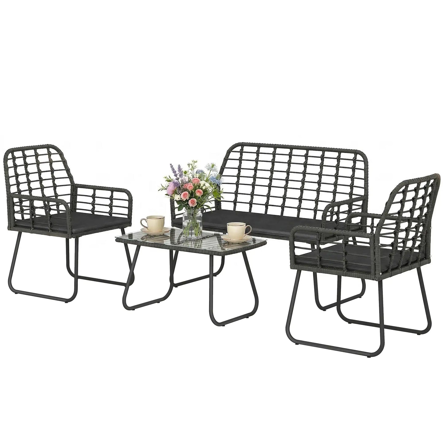 4 Piece Rattan Garden Furniture Set - Outdoor Patio Sofa Set with Loveseat, 2 Chairs & Glass Coffee Table - Black