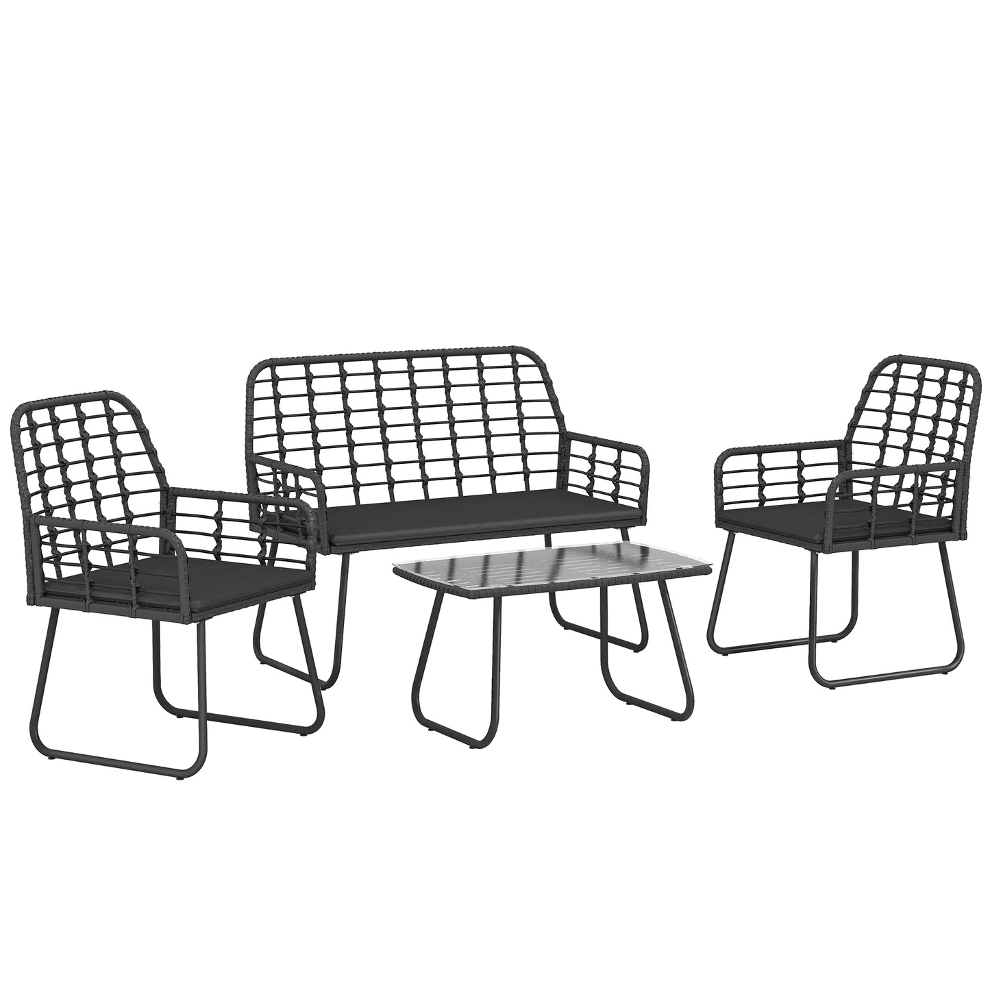 4 Piece Rattan Garden Furniture Set - Outdoor Patio Sofa Set with Loveseat, 2 Chairs & Glass Coffee Table - Black