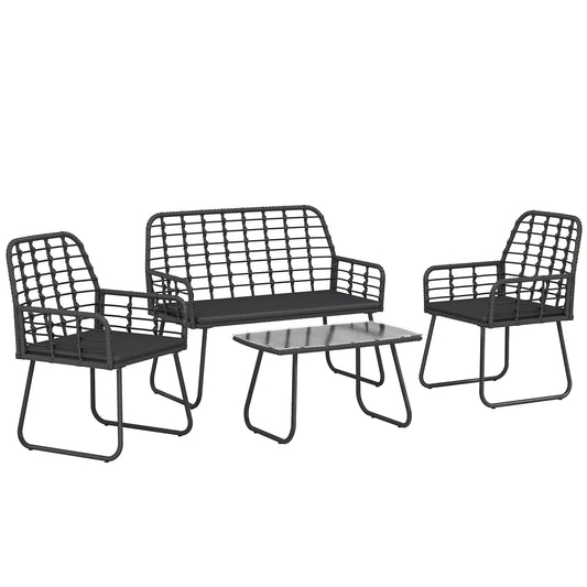 4 Piece Rattan Garden Furniture Set - Outdoor Patio Sofa Set with Loveseat, 2 Chairs & Glass Coffee Table - Black