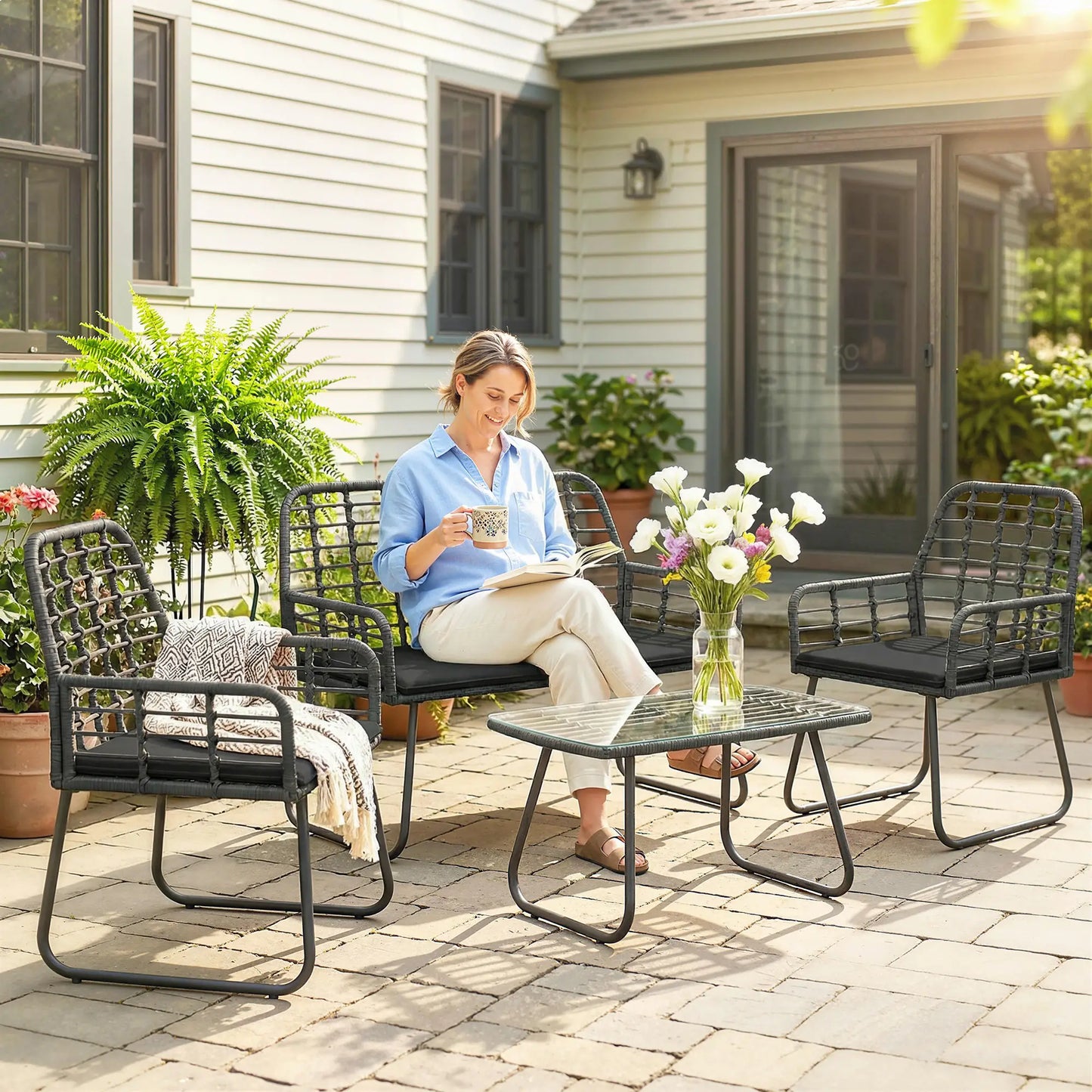 4 Piece Rattan Garden Furniture Set - Outdoor Patio Sofa Set with Loveseat, 2 Chairs & Glass Coffee Table - Black