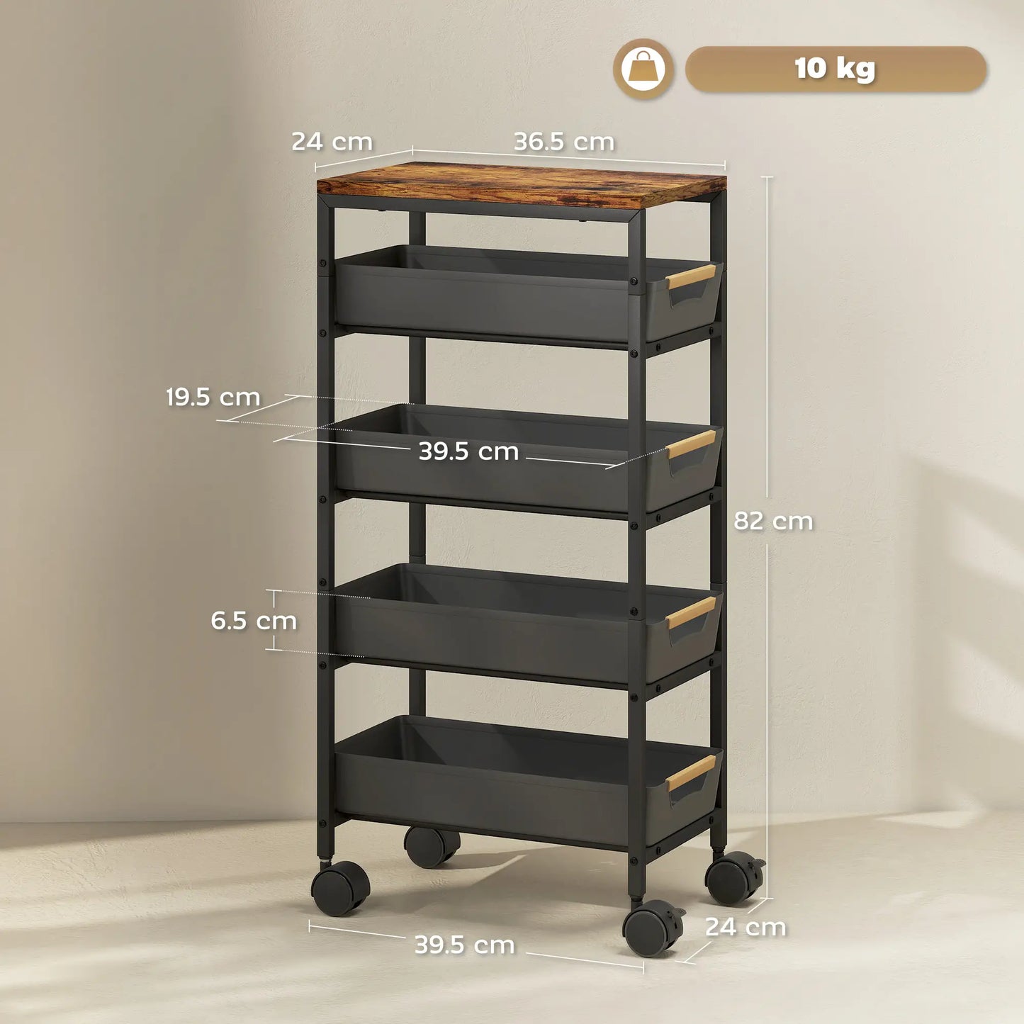 Slim 5 Tier Storage Trolley on Wheels – Narrow Space Saving Cart (Black)