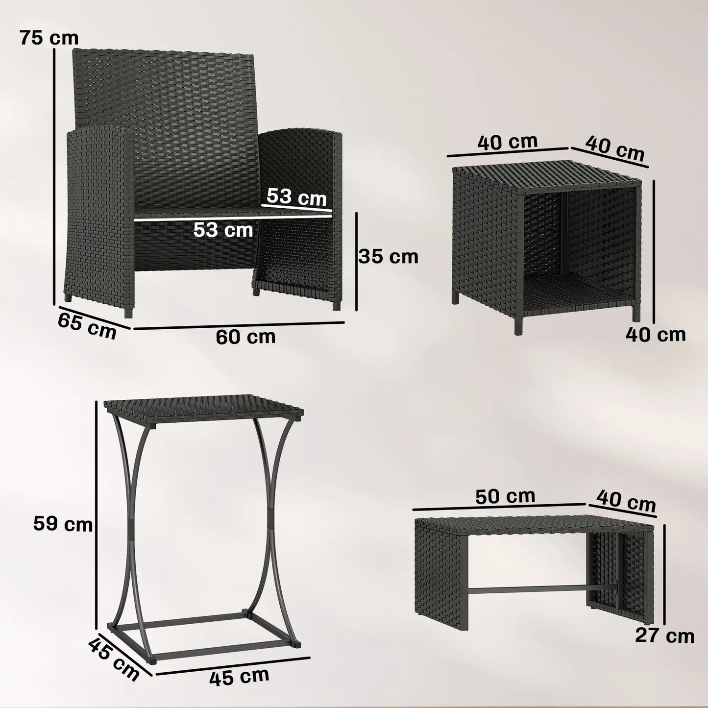 6 Piece Black Rattan Garden Furniture Set – Space Saving Patio Bistro Set
