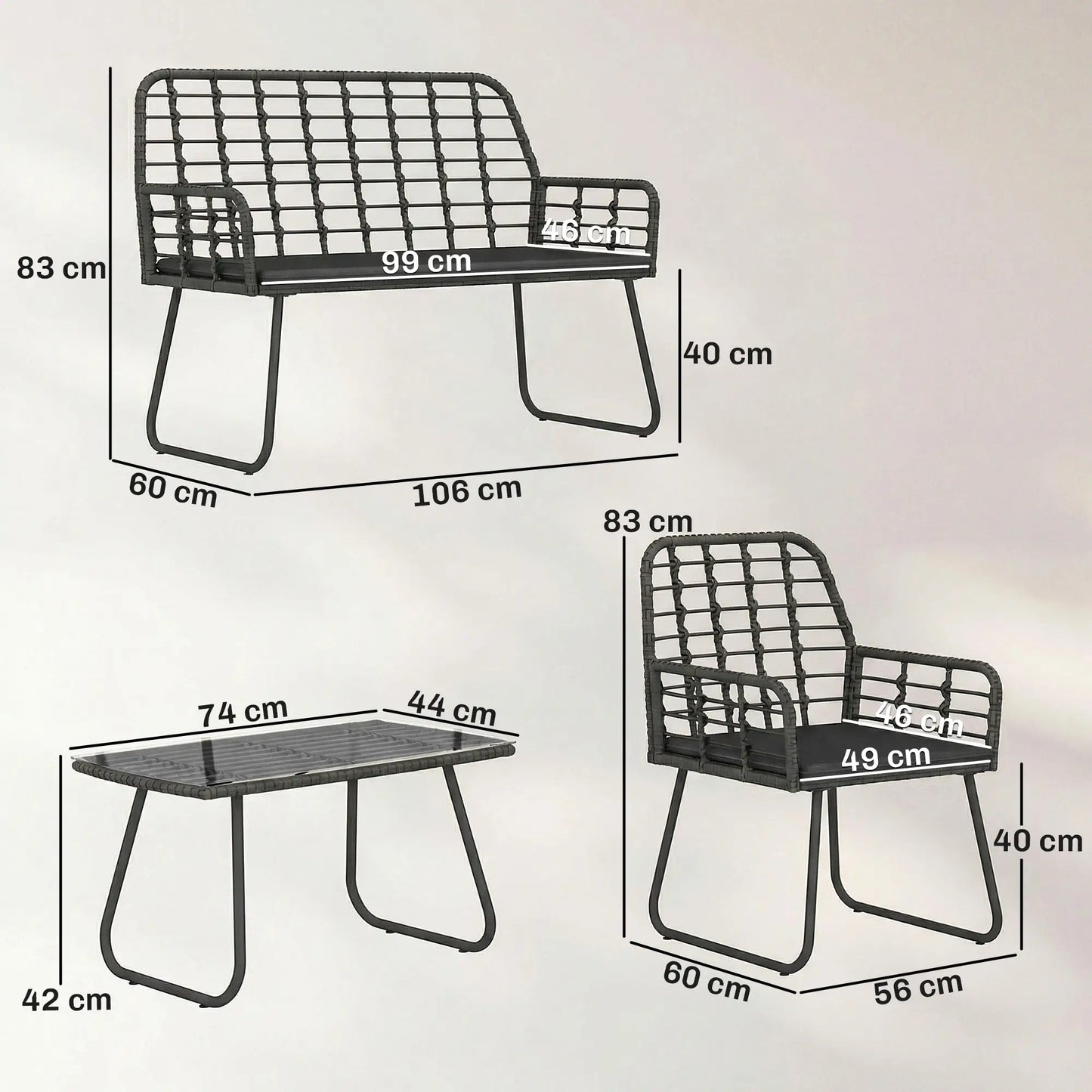 4 Piece Rattan Garden Furniture Set - Outdoor Patio Sofa Set with Loveseat, 2 Chairs & Glass Coffee Table - Black