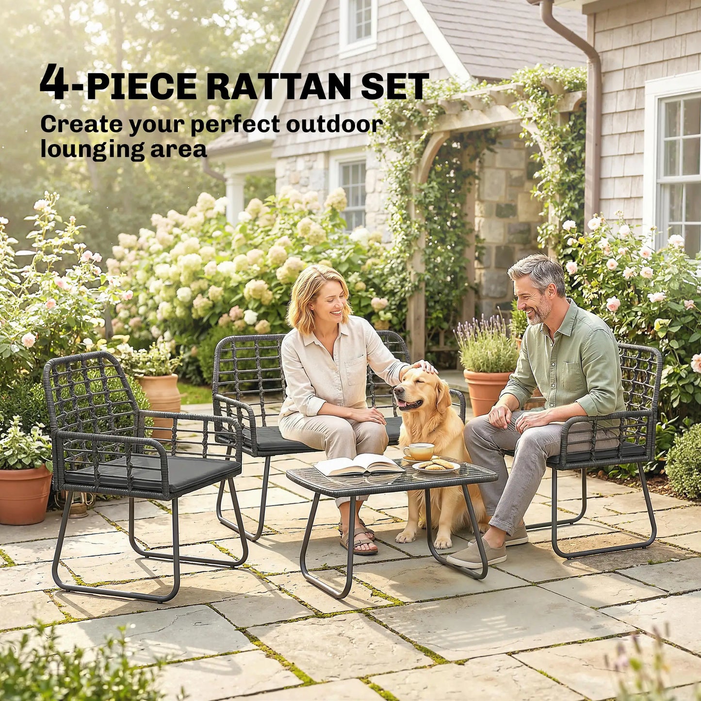 4 Piece Rattan Garden Furniture Set - Outdoor Patio Sofa Set with Loveseat, 2 Chairs & Glass Coffee Table - Black