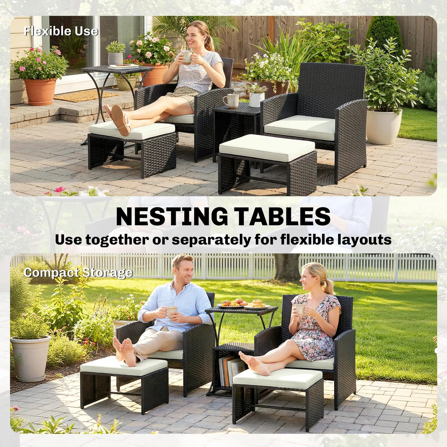6 Piece Black Rattan Garden Furniture Set – Space Saving Patio Bistro Set