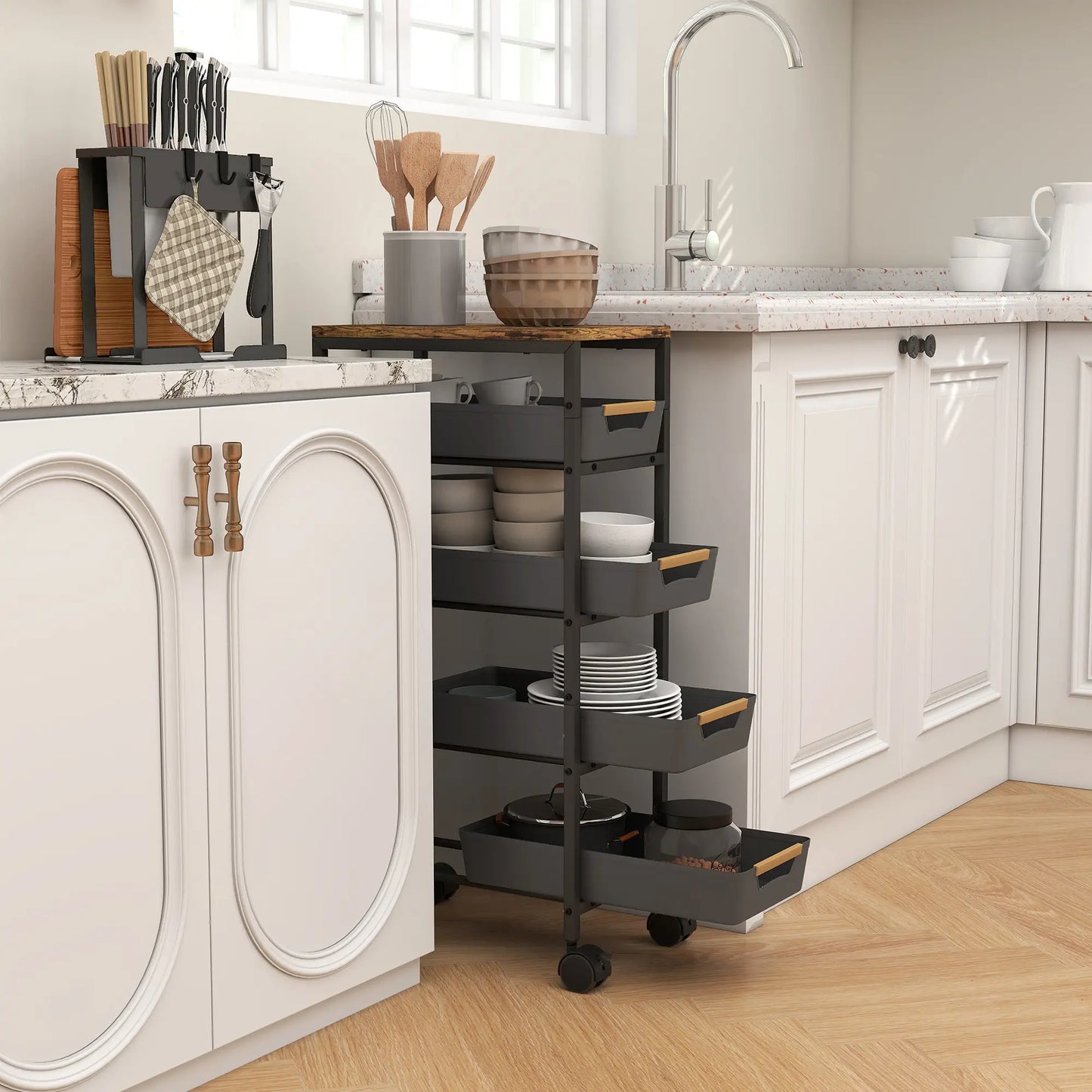 Slim 5 Tier Storage Trolley on Wheels – Narrow Space Saving Cart (Black)