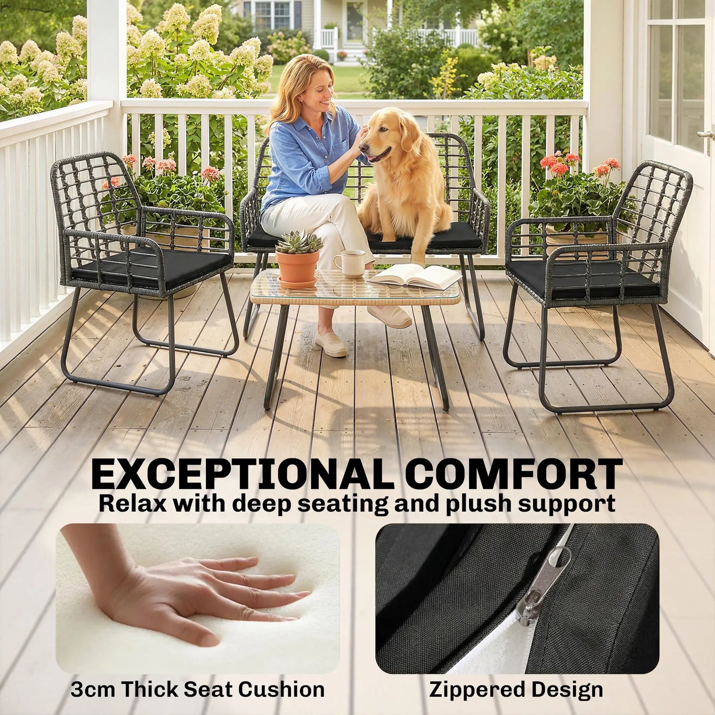 4 Piece Rattan Garden Furniture Set - Outdoor Patio Sofa Set with Loveseat, 2 Chairs & Glass Coffee Table - Black