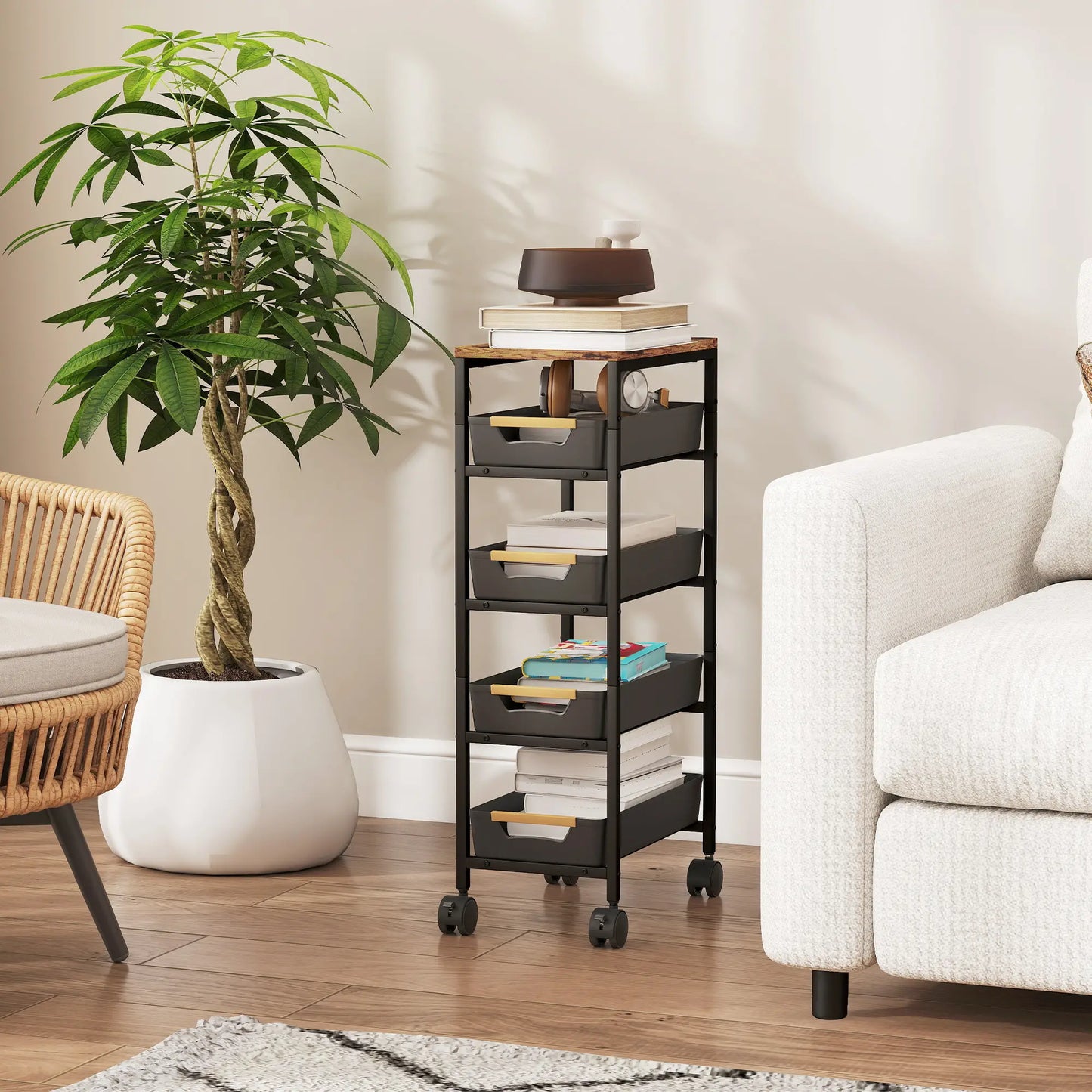 Slim 5 Tier Storage Trolley on Wheels – Narrow Space Saving Cart (Black)