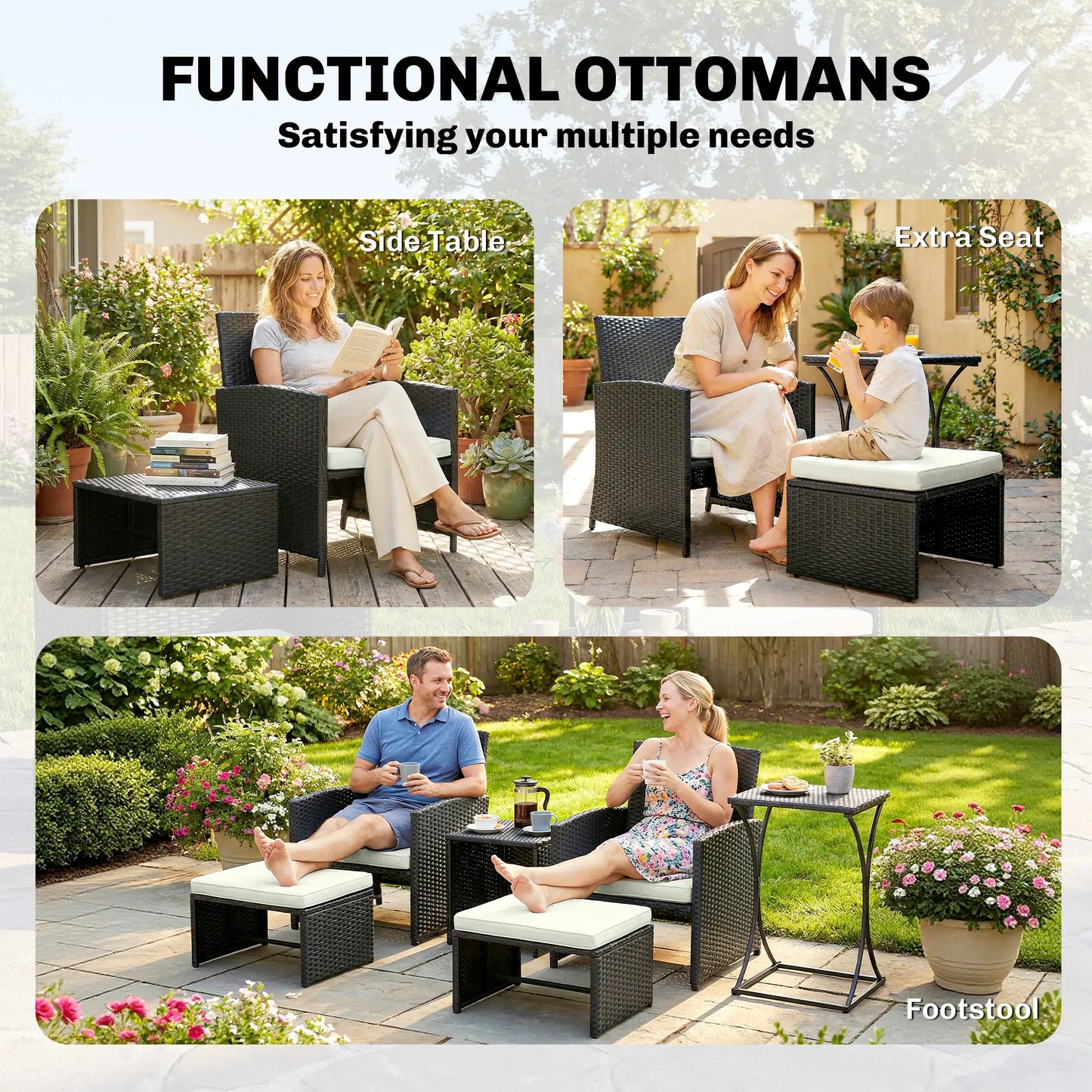 6 Piece Black Rattan Garden Furniture Set – Space Saving Patio Bistro Set