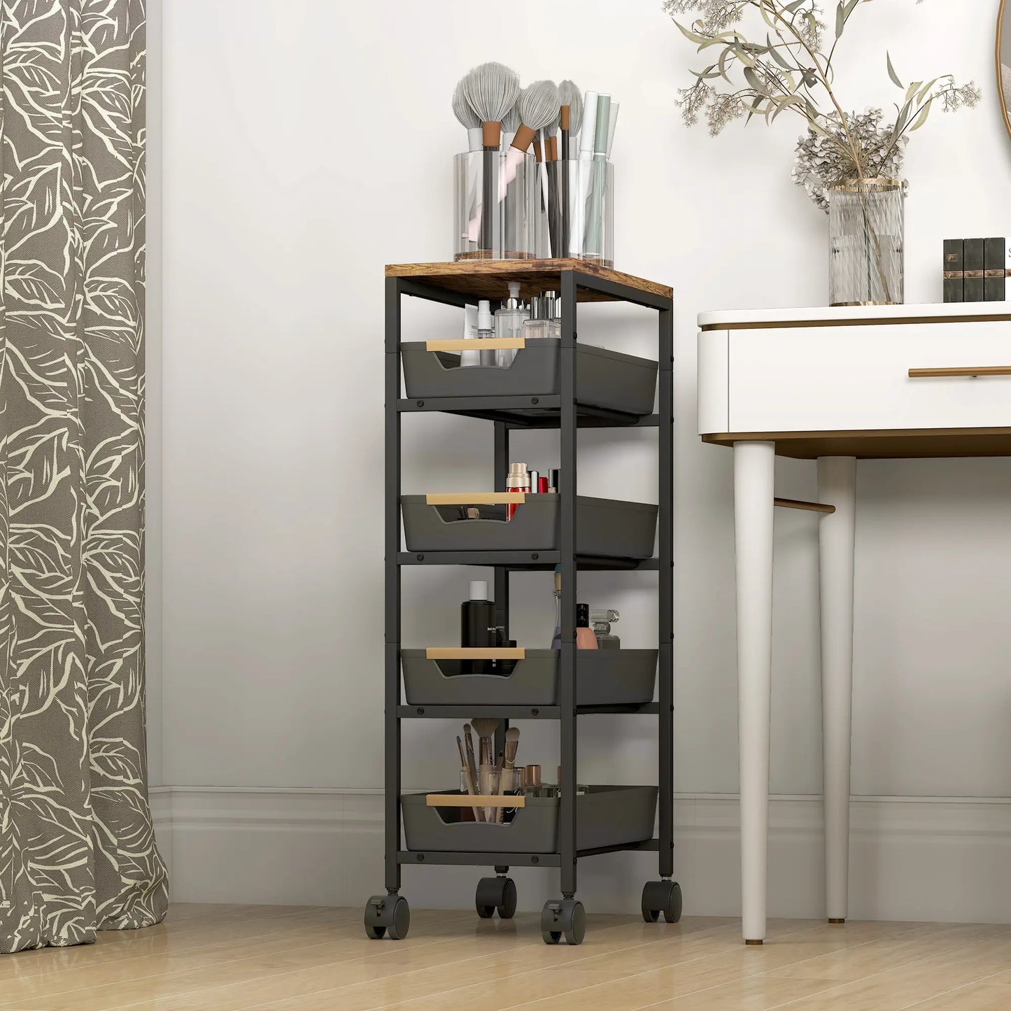 Slim 5 Tier Storage Trolley on Wheels – Narrow Space Saving Cart (Black)