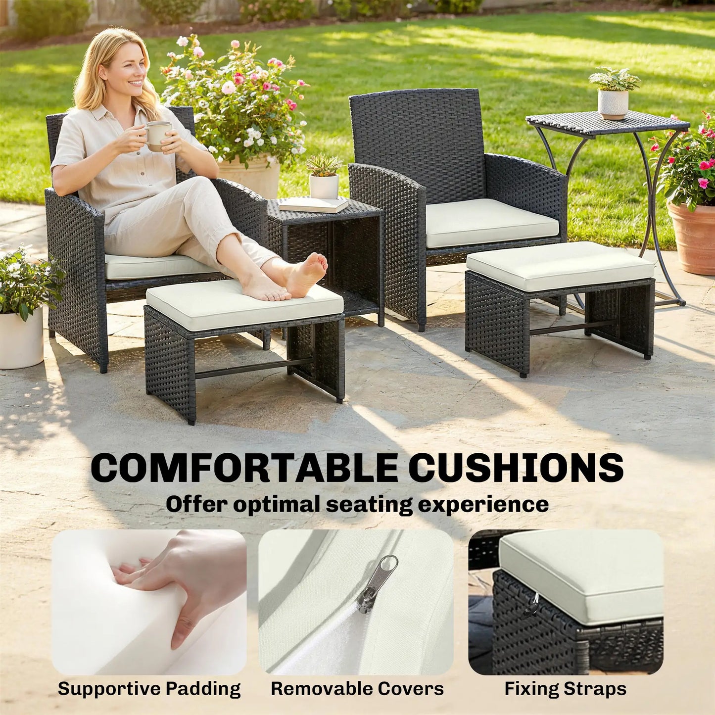 6 Piece Black Rattan Garden Furniture Set – Space Saving Patio Bistro Set