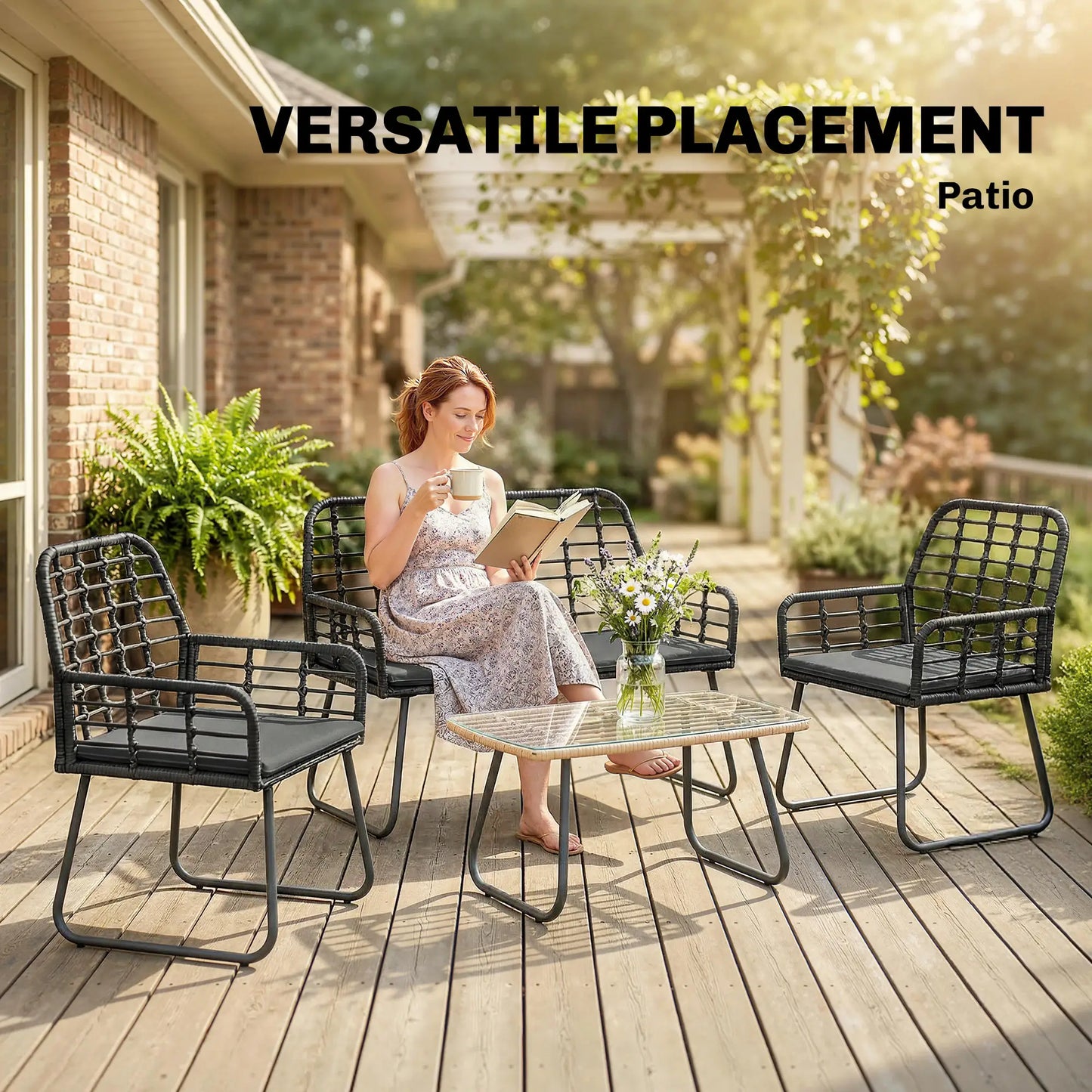 4 Piece Rattan Garden Furniture Set - Outdoor Patio Sofa Set with Loveseat, 2 Chairs & Glass Coffee Table - Black