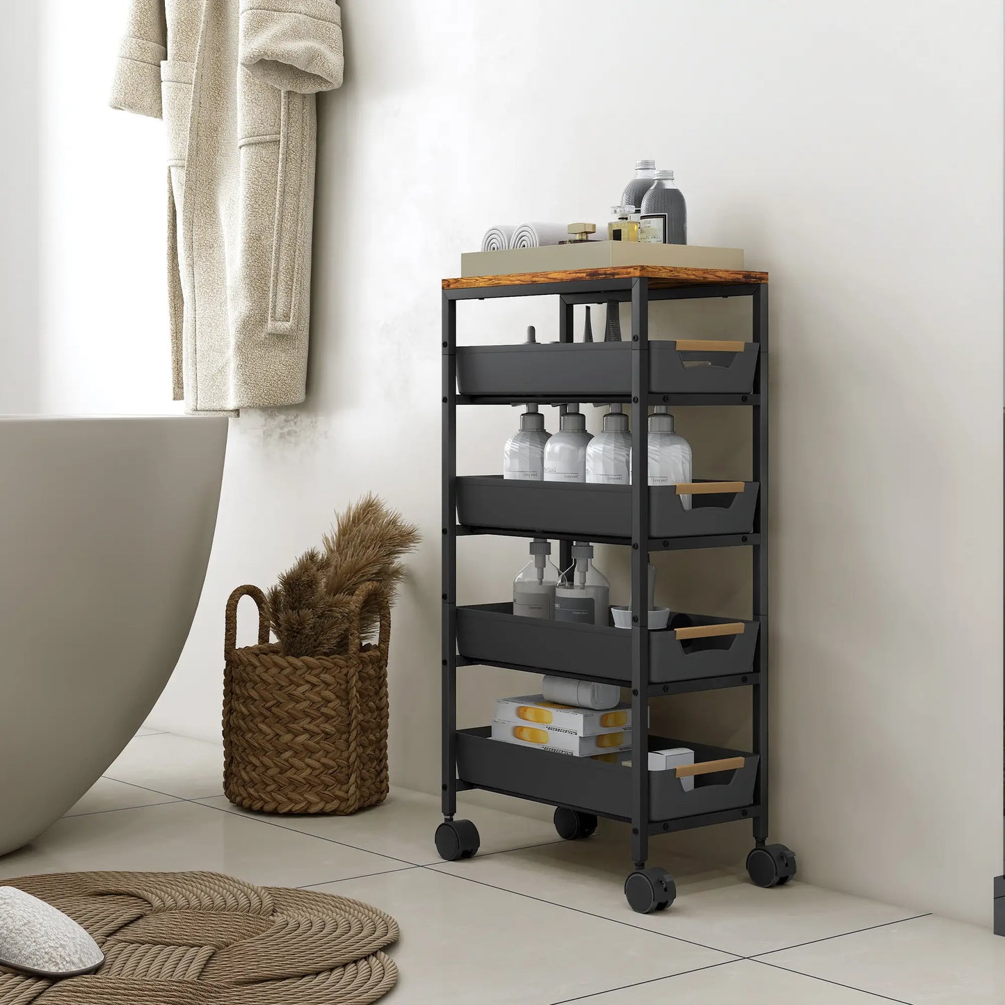 Slim 5 Tier Storage Trolley on Wheels – Narrow Space Saving Cart (Black)