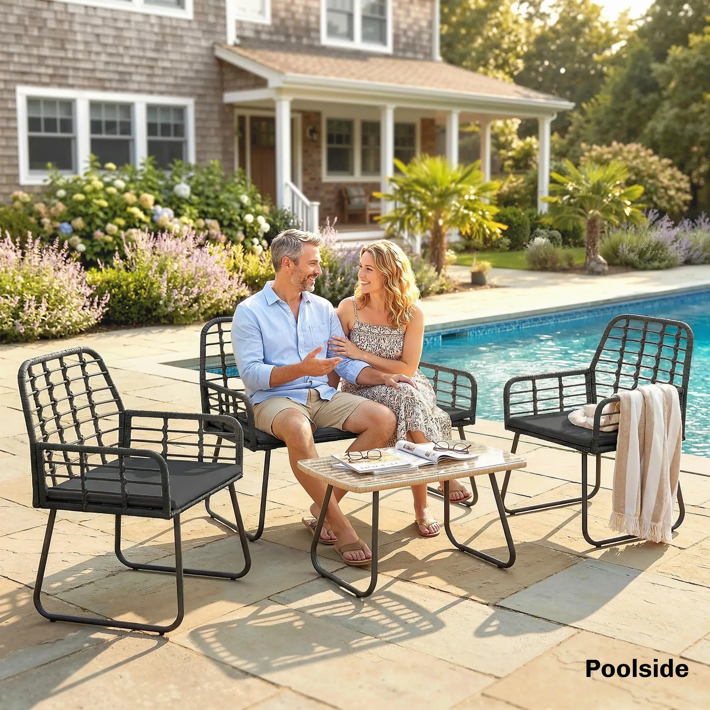 4 Piece Rattan Garden Furniture Set - Outdoor Patio Sofa Set with Loveseat, 2 Chairs & Glass Coffee Table - Black