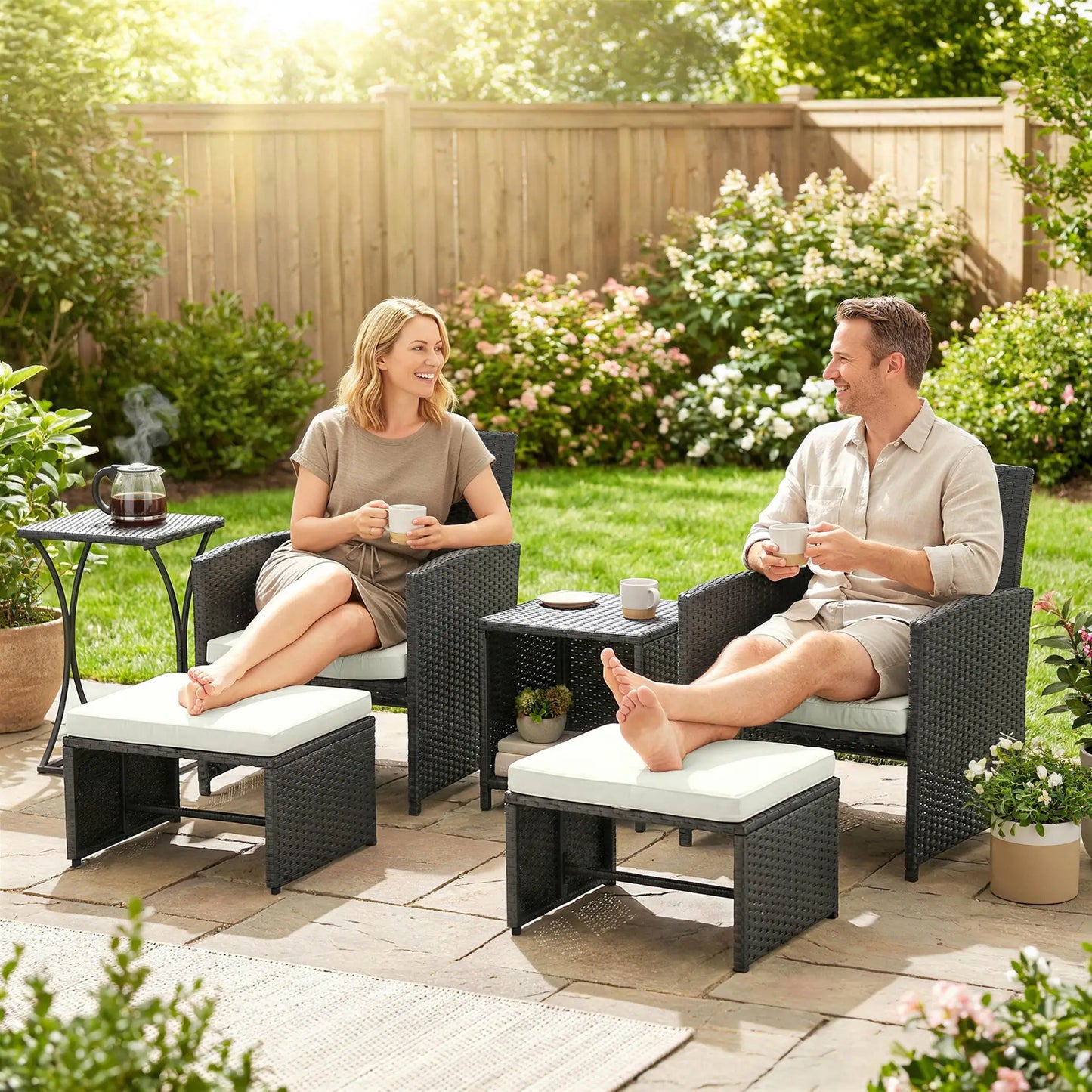 6 Piece Black Rattan Garden Furniture Set – Space Saving Patio Bistro Set