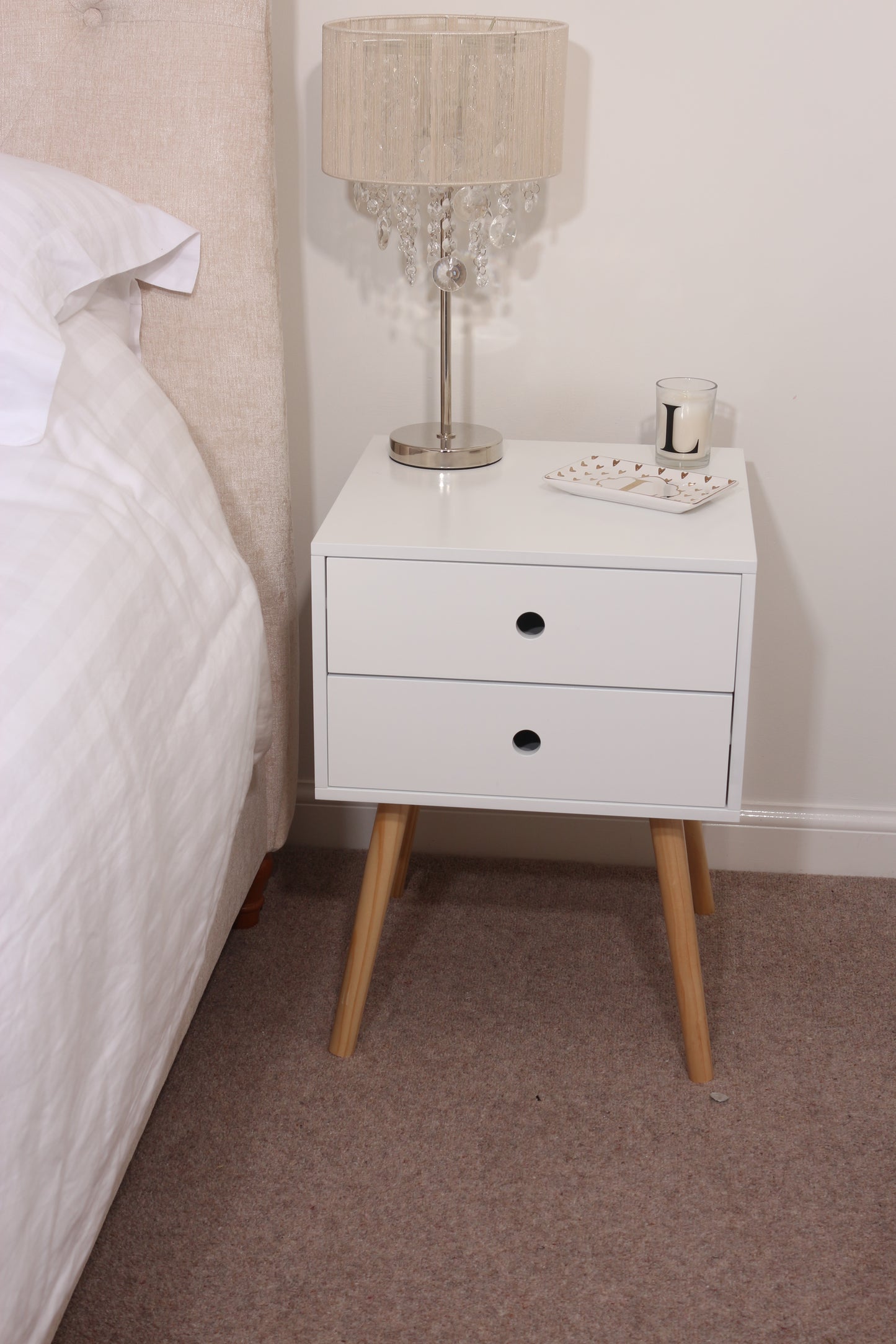 Scandia White 2 Drawer Wood Legs Bedside Cabinet