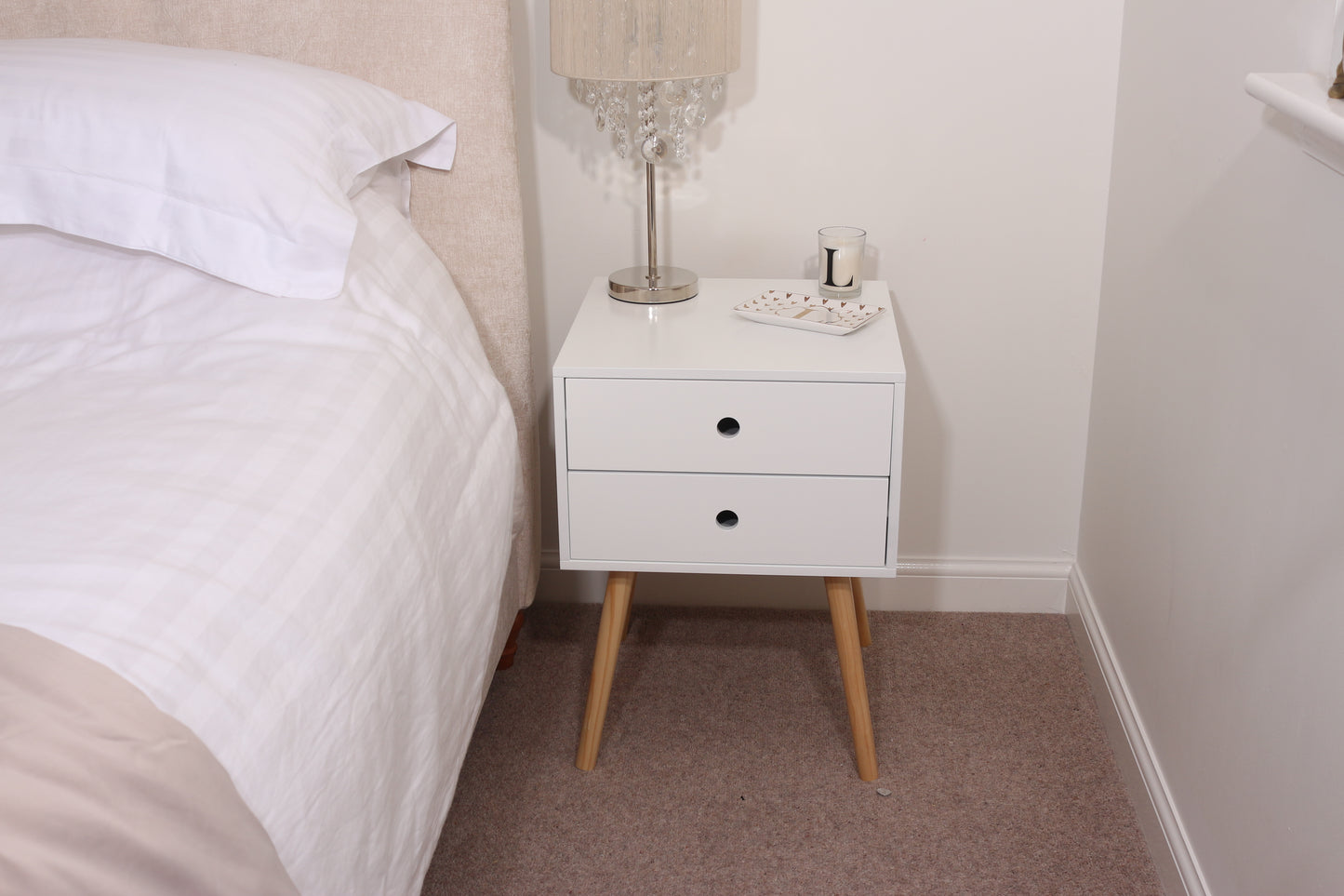 Scandia White 2 Drawer Wood Legs Bedside Cabinet