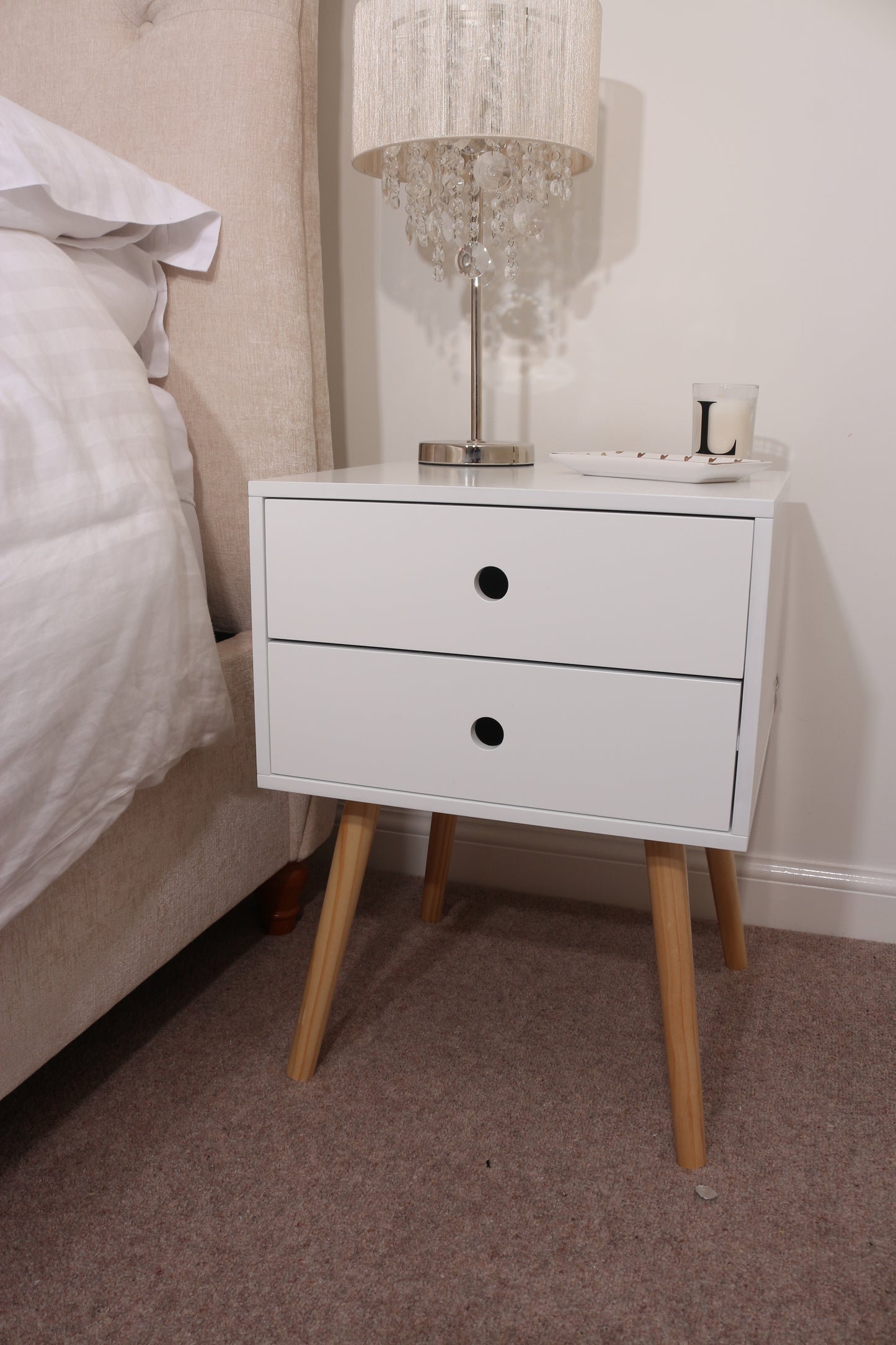 Scandia White 2 Drawer Wood Legs Bedside Cabinet