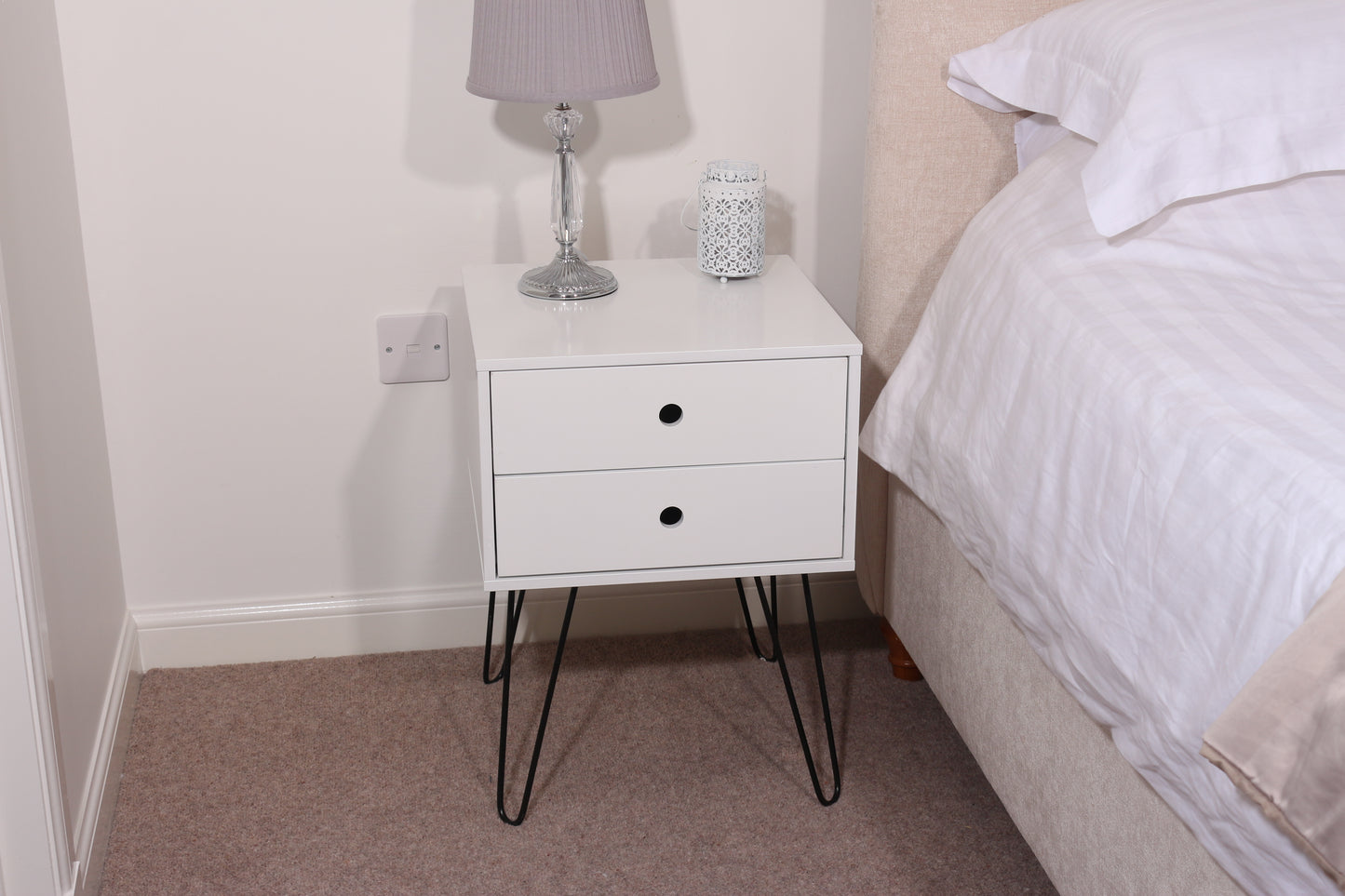 Telford White 2 Drawer Bedside Cabinet with Hair Pin Legs