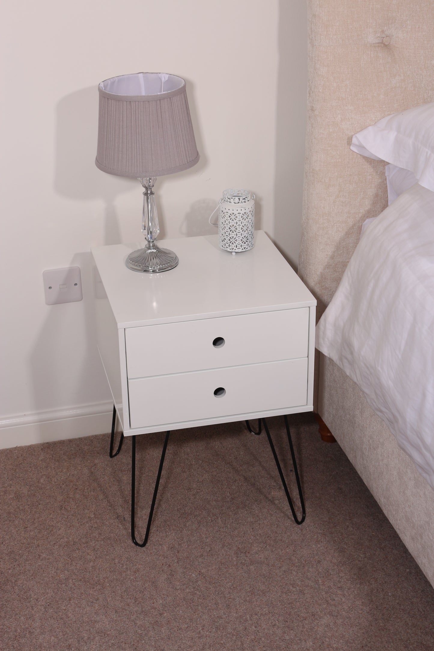 Telford White 2 Drawer Bedside Cabinet with Hair Pin Legs