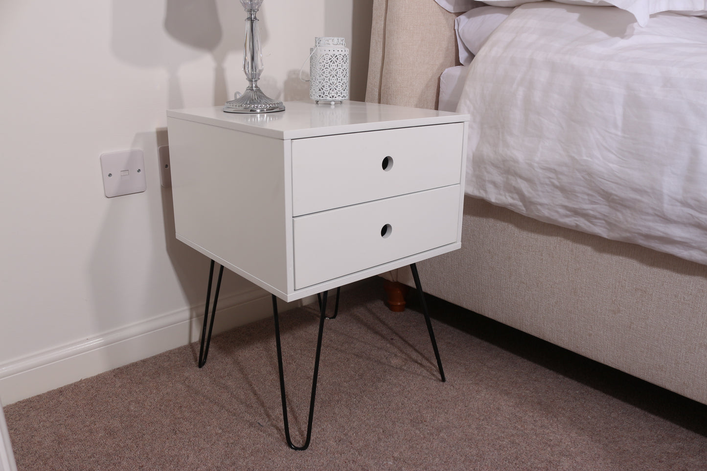 Telford White 2 Drawer Bedside Cabinet with Hair Pin Legs