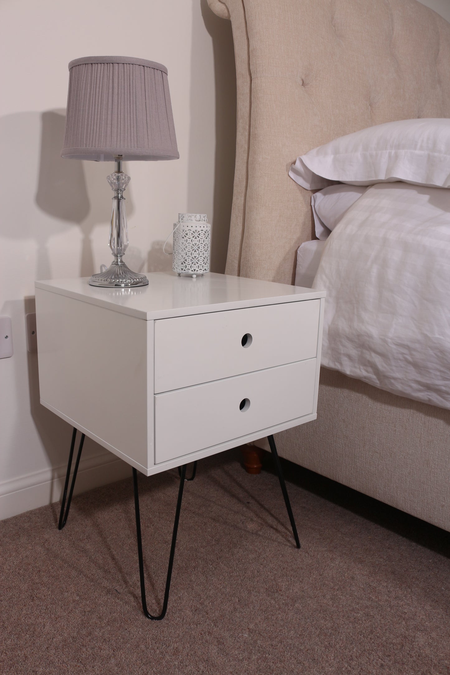 Telford White 2 Drawer Bedside Cabinet with Hair Pin Legs